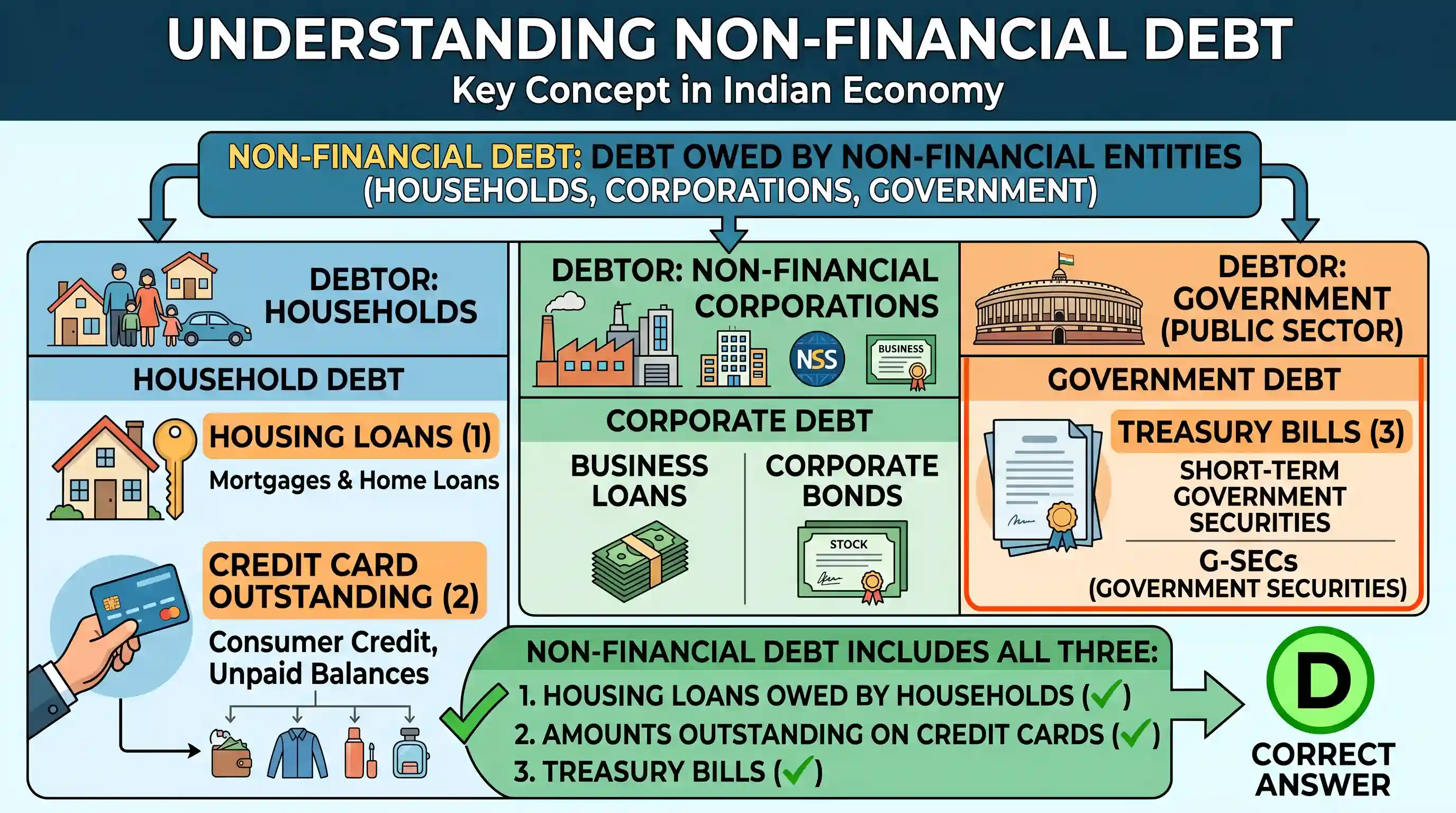 economy: In the context of the Indian economy, non-financial debt includes which of the following? 1. Housing loans owed by house