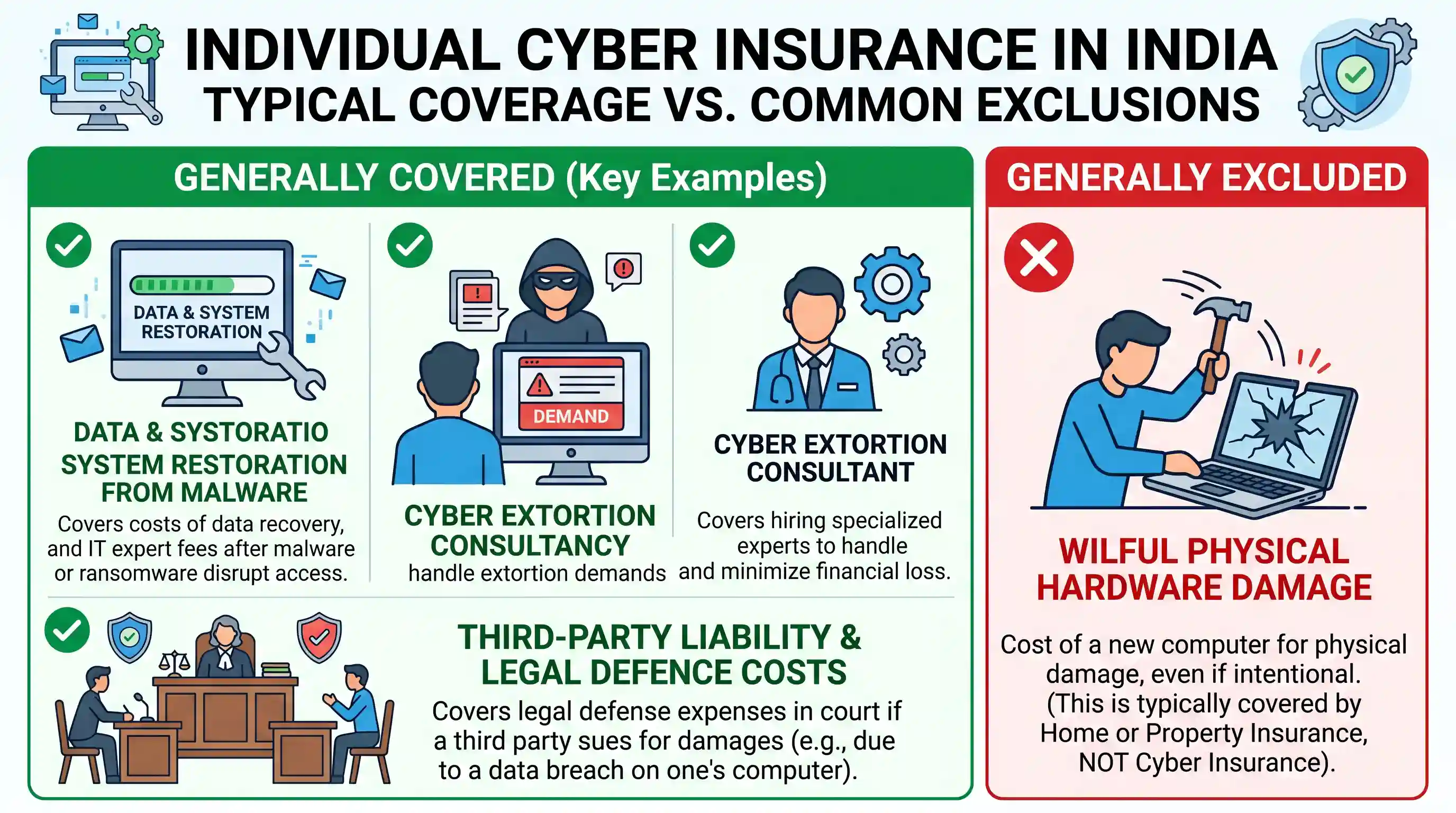 economy: In India, under cyber insurance for individuals, which of the following benefits are generally covered, in addition to p