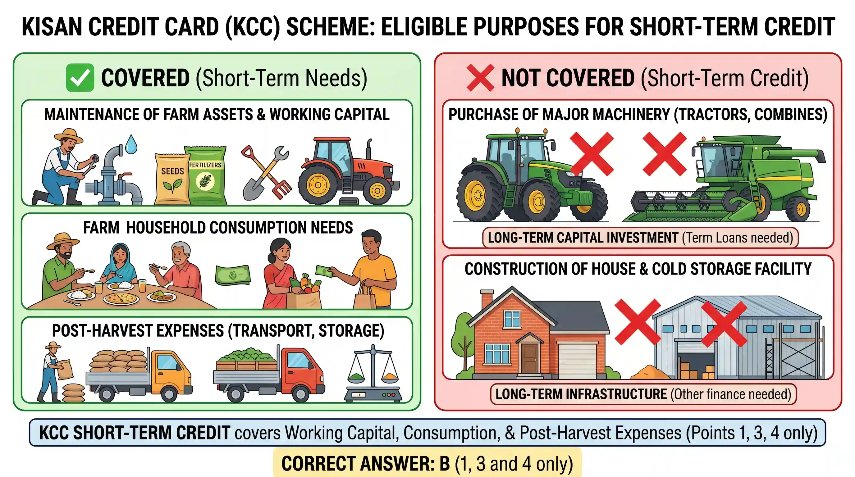 economy: Under the Kisan Credit Card scheme, short-term credit support is given to farmers for which of the following purposes ?