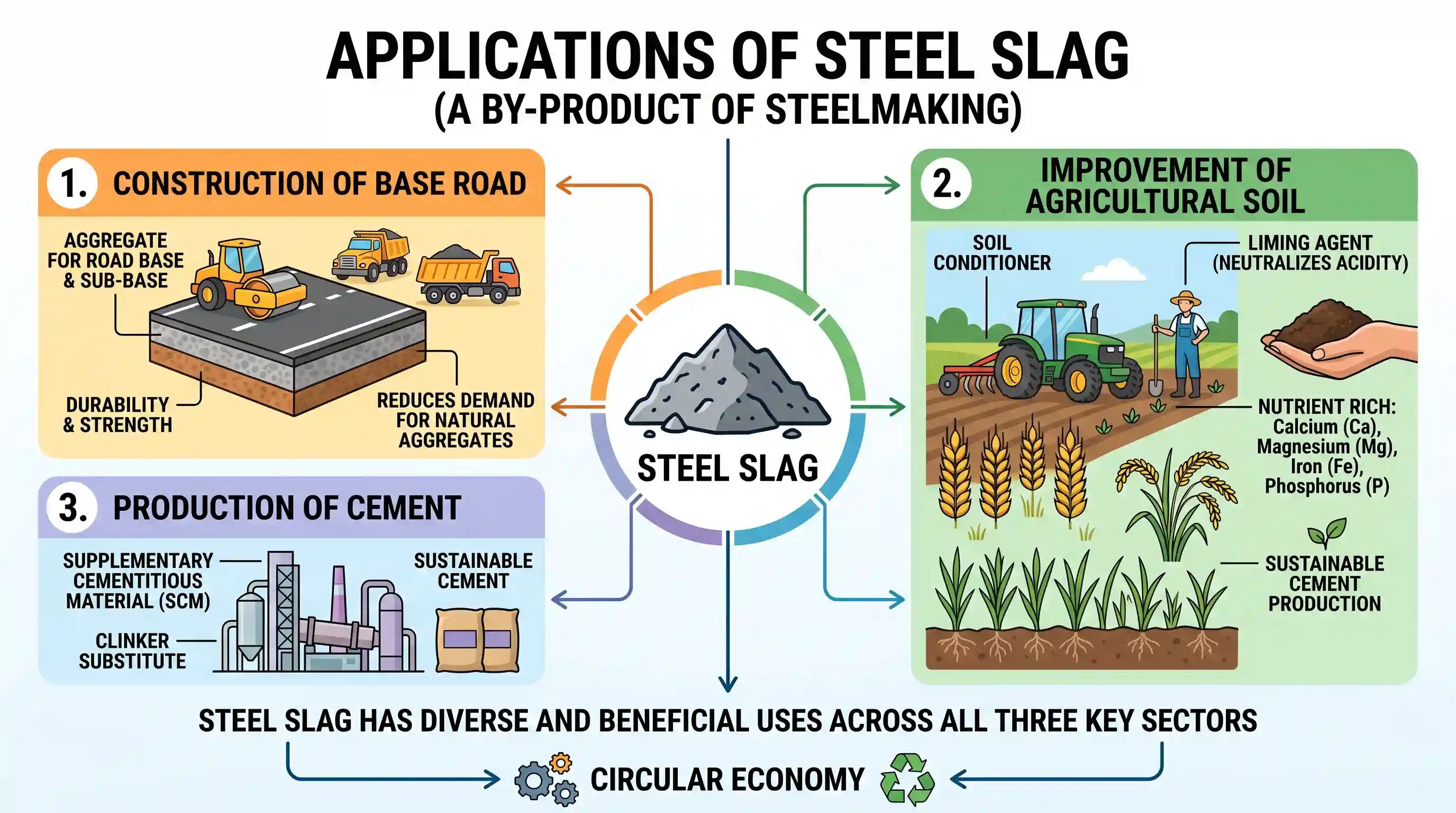 economy: Steel slag can be the material for which of the following? 1. Construction of base road 2. Improvement of agricultural s