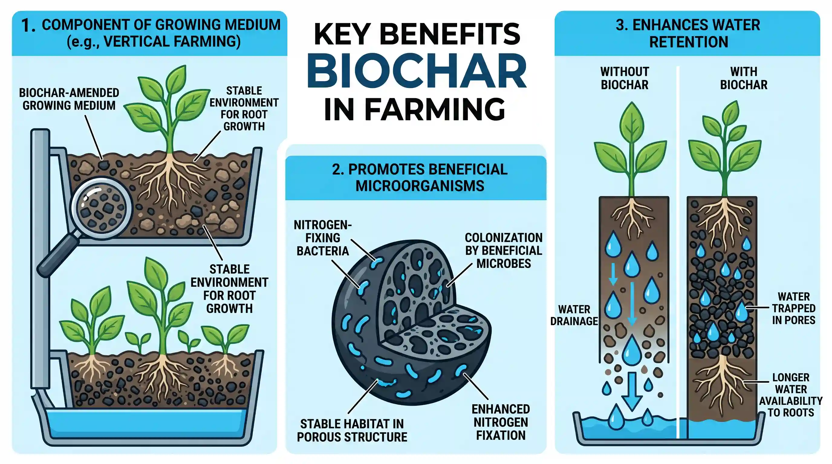 geography: What is the use of biochar in farming? 1. Biochar can be used as a part of the growing medium in vertical farming. 2. Wh