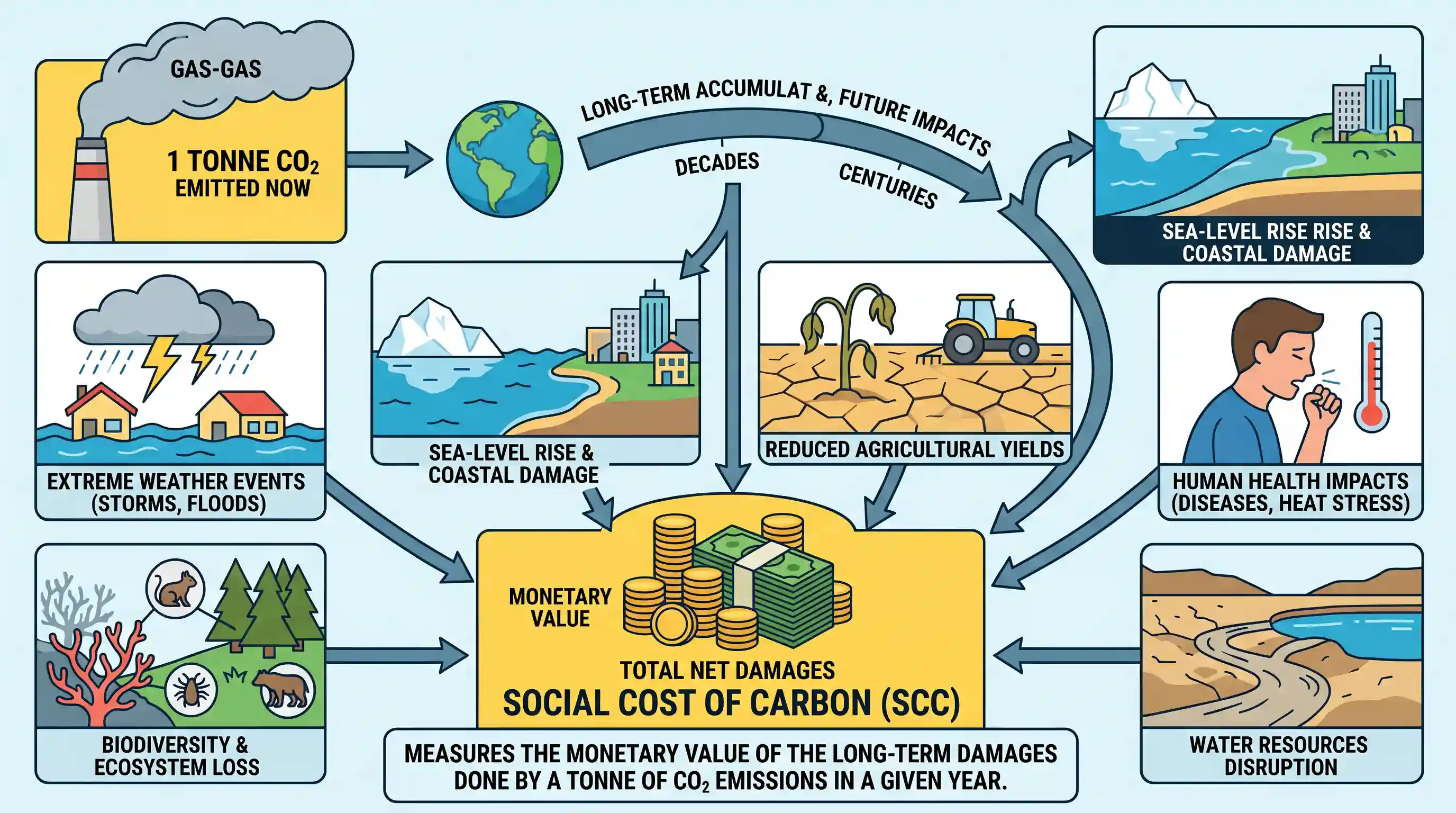 geography: Which one of the following statements best describes the term 'Social Cost of Carbon'? It is a measure, in monetary valu
