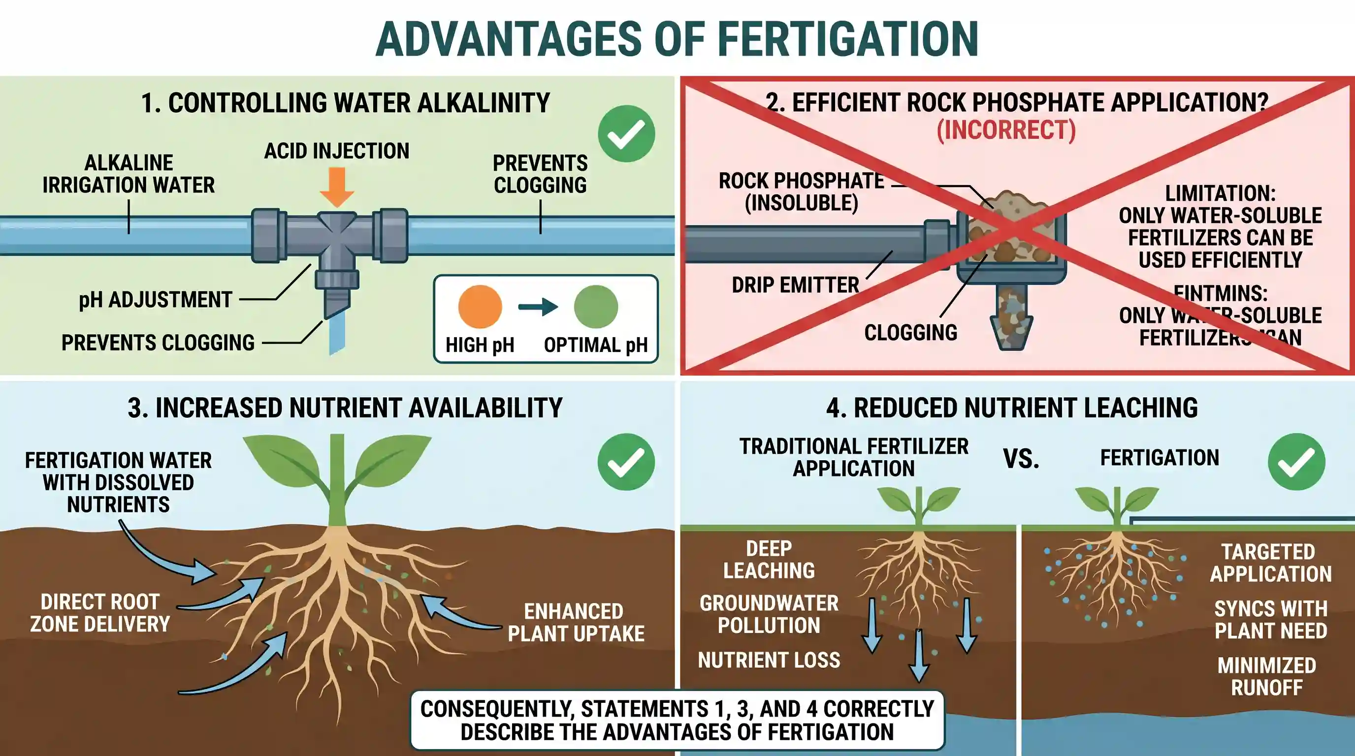 geography: What are the advantages of fertigation in agriculture ? 1. Controlling the alkalinity of irrigation water is possible. 2