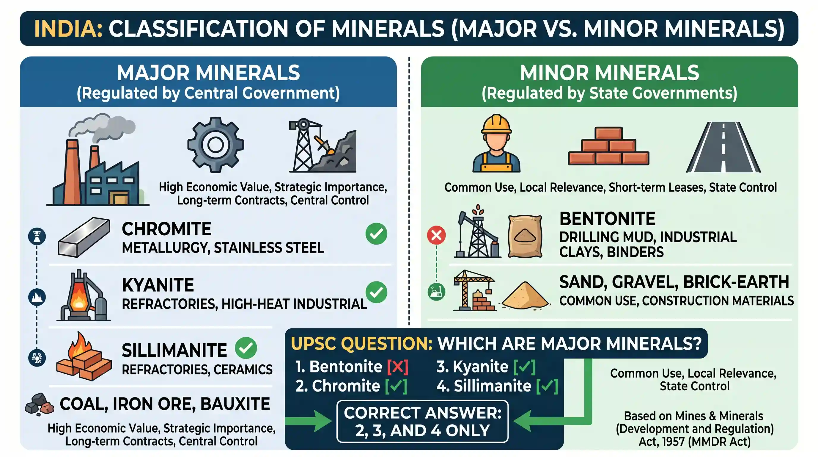 economy: Consider the following minerals : 1. Bentonite 2. Chromite 3. Kyanite 4. Sillimanite In India, which of the above is/are
