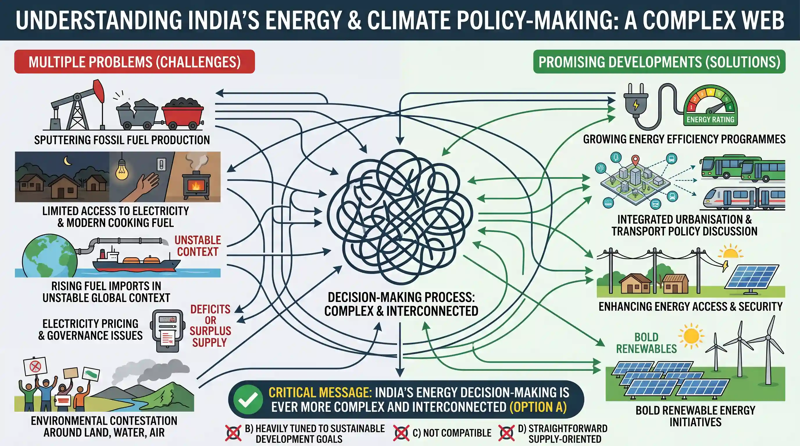 Reading Comprehension: India faces a challenging immediate future in energy and climate policy- making. The problems are multiple: sputtering f