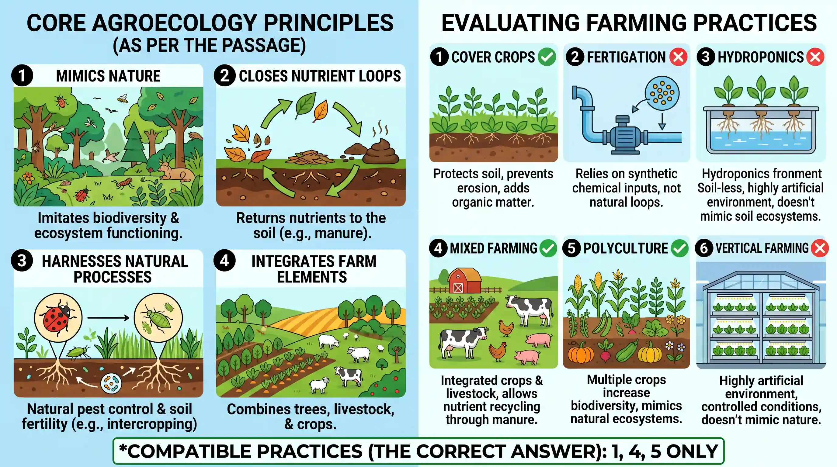 Reading Comprehension: At the heart of agroecology is the idea that agroecosystems should mimic the biodiversity levels and functioning of natu