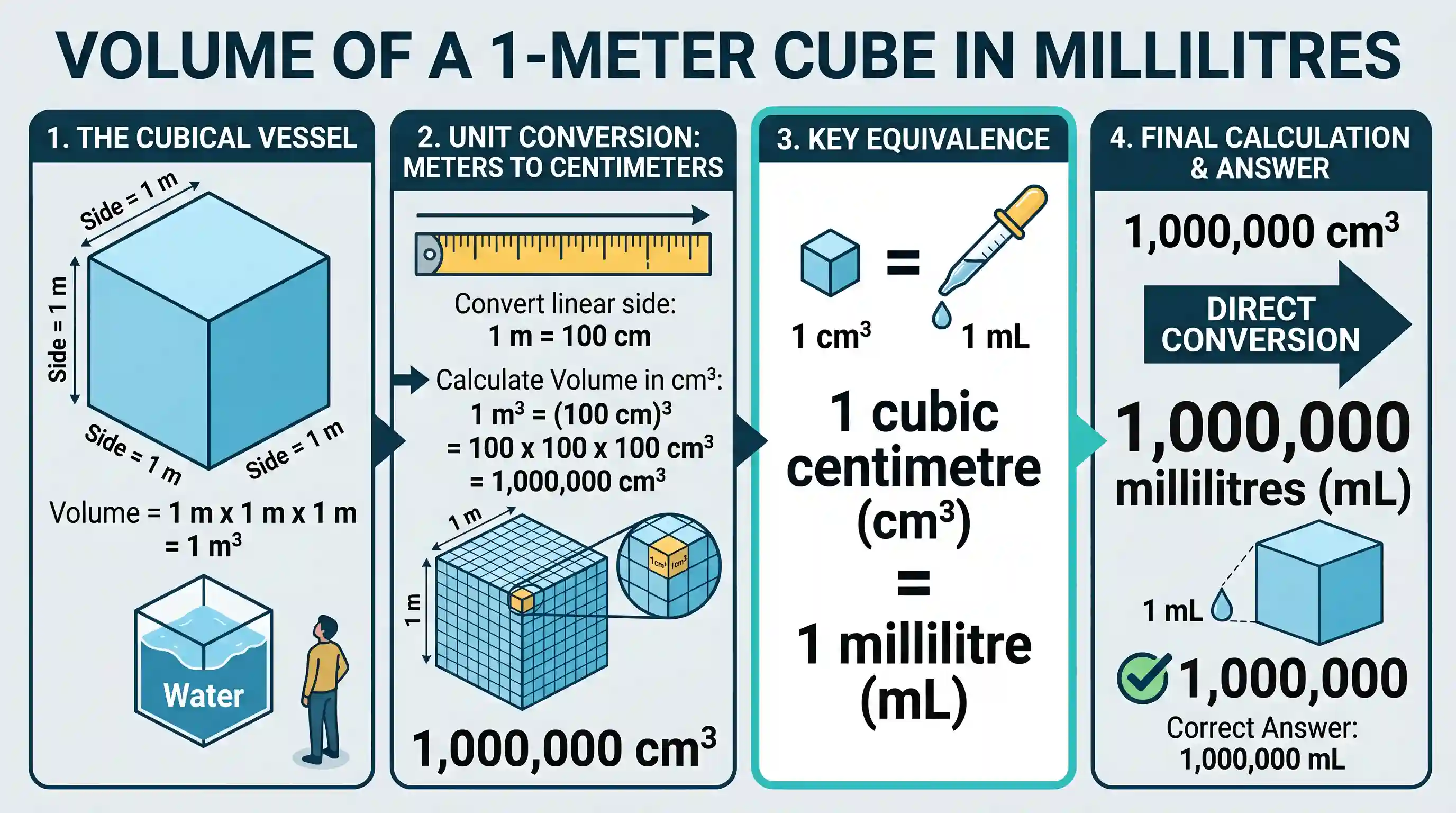 Quantitative Aptitude: A cubical vessel of side 1 m is filled completely with water. How many millilitres of water is contained in it (neglect