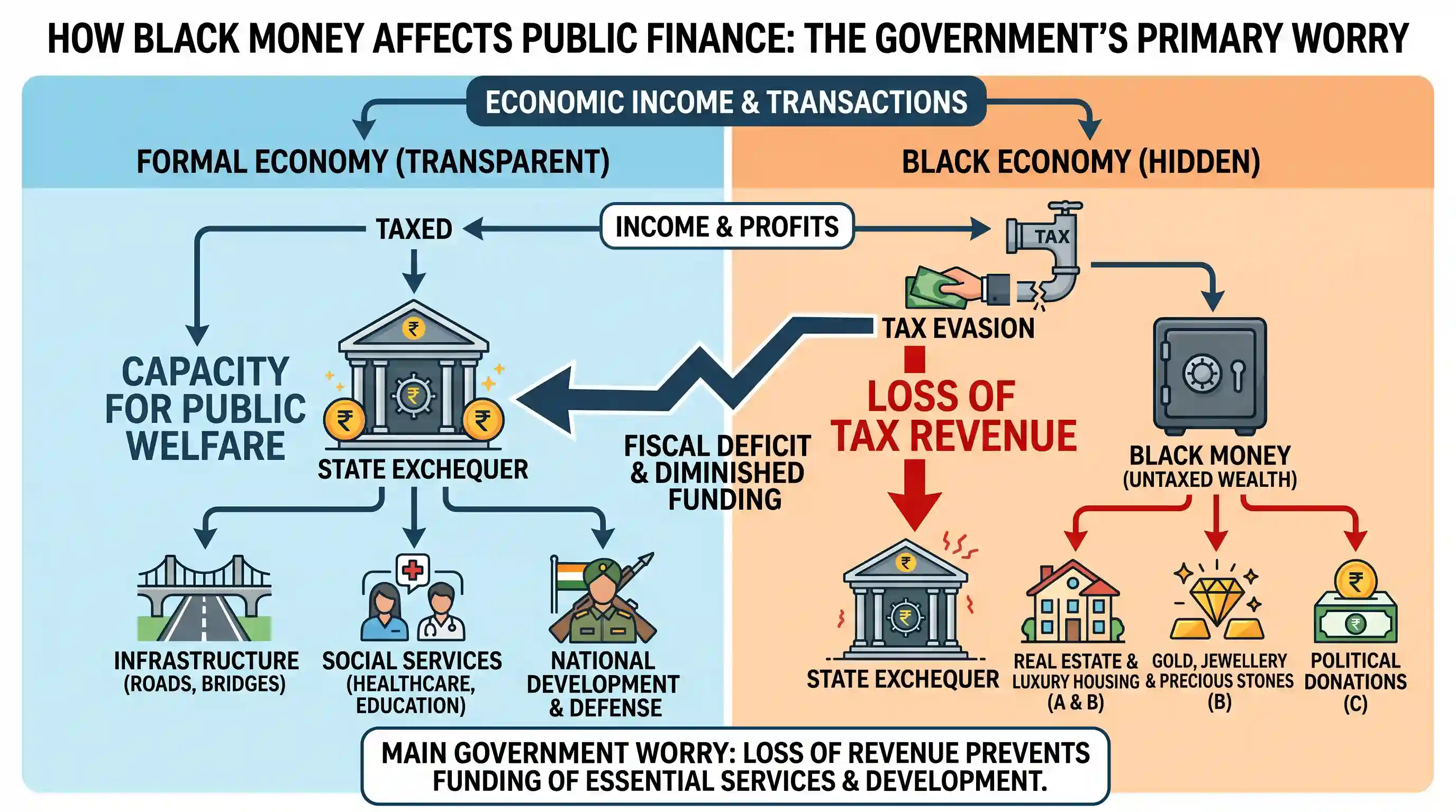economy: Which one of the following effects of creation of black money in India has been the main cause of worry to the Governmen