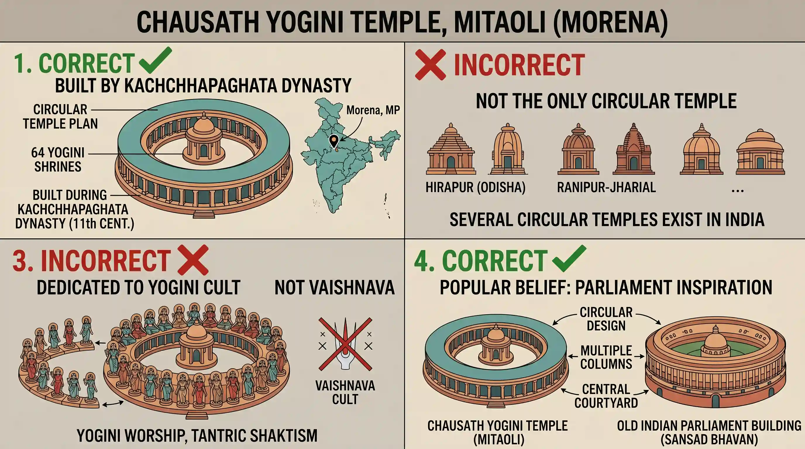 art-and-culture: With reference to Chausath Yogini Temple situated near Morena, consider the following statements : 1. It is a circular t