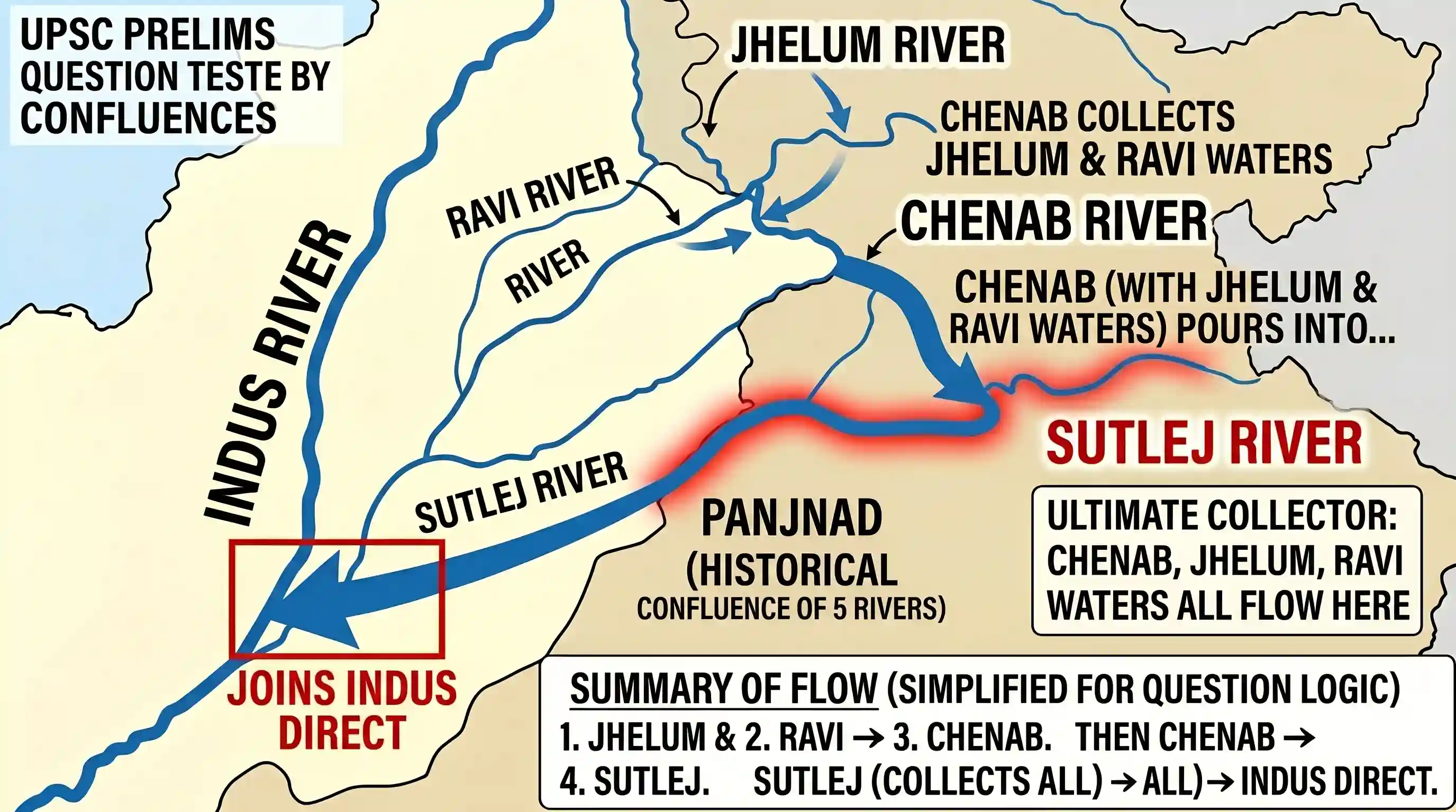 geography: With reference to the Indus river system, of the following four rivers, three of them pour into one of them which joins