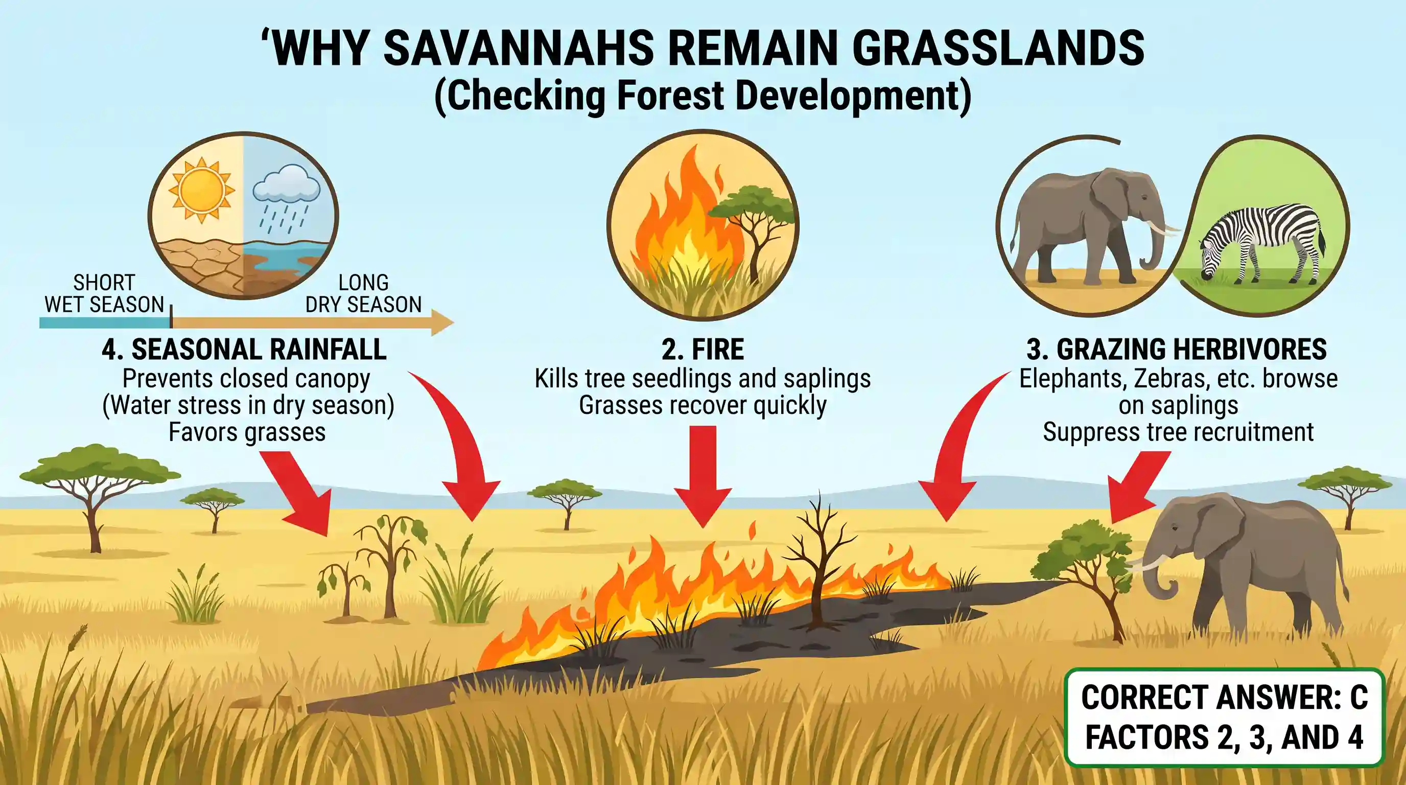 geography: The vegetation of savannah consists of grassland with scattered small trees, but extensive areas have no trees. The fore