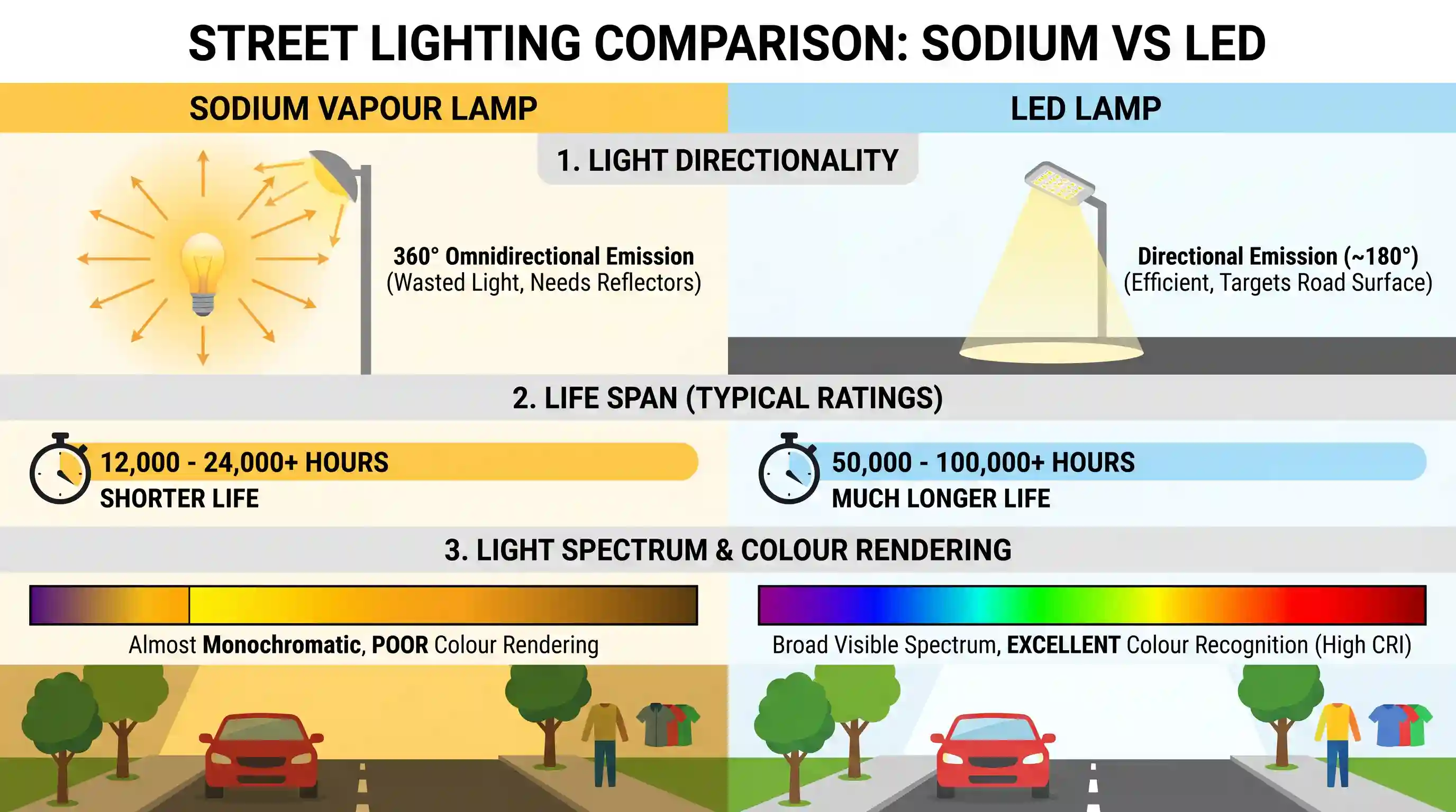 science-and-technology: With reference to street-lighting, how do sodium lamps differ from LED lamps? 1. Sodium lamps produce light in 360 degre