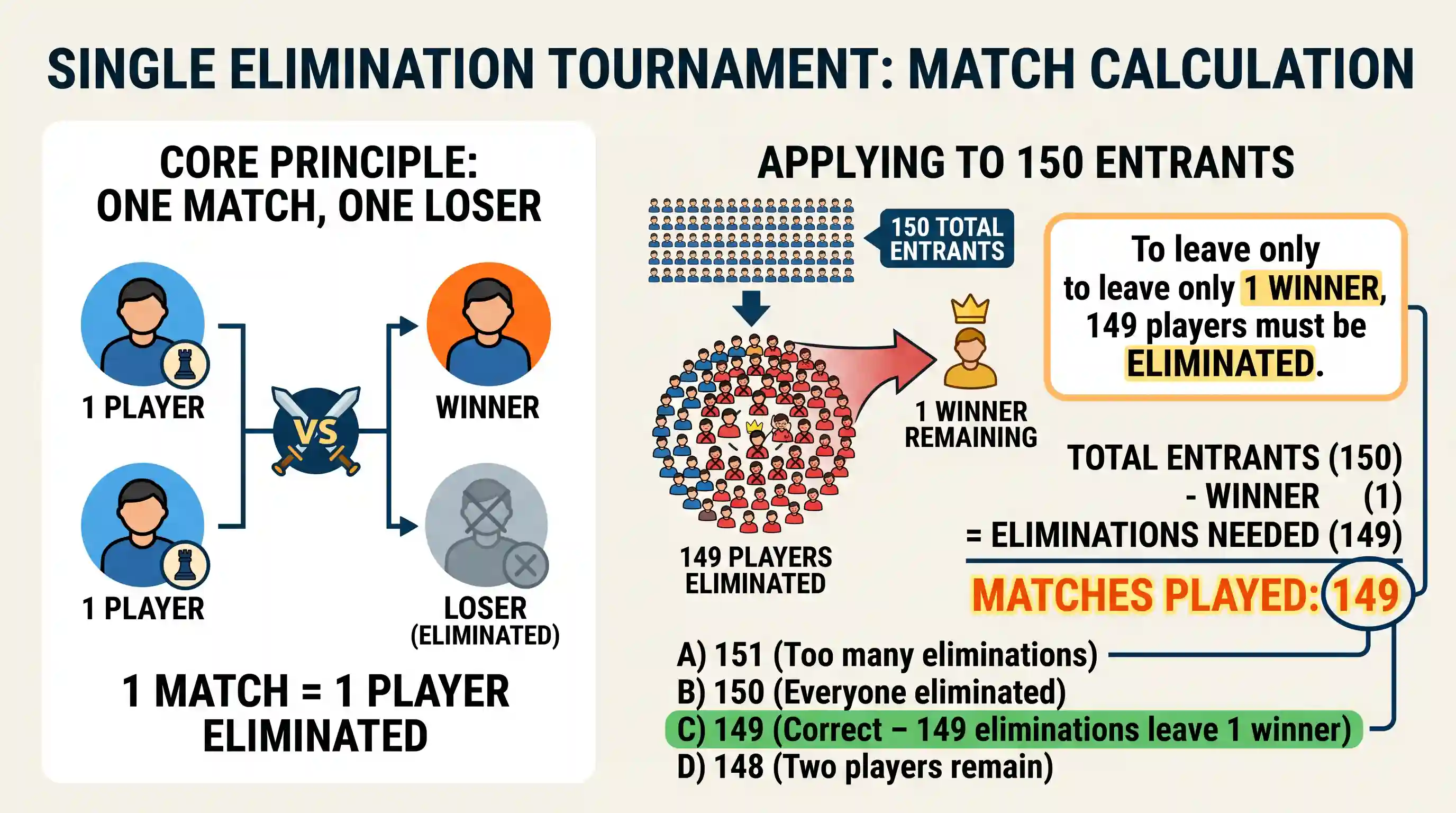 Quantitative Aptitude: In a tournament of Chess having 150 entrants, a player is eliminated whenever he loses a match. It is given that no matc