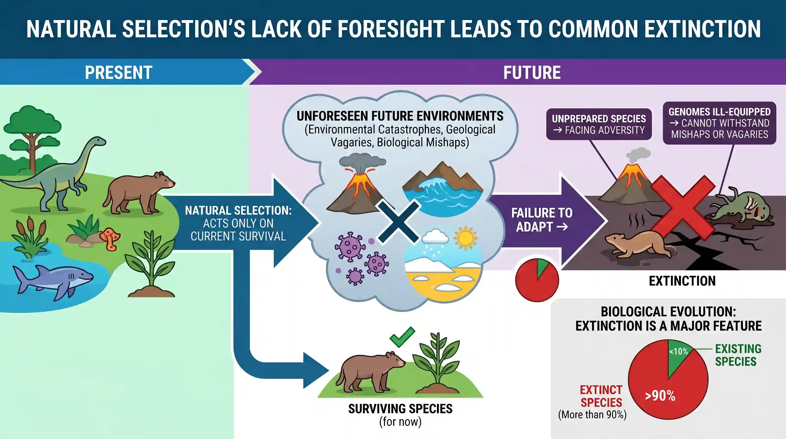 Reading Comprehension: Natural selection cannot anticipate future environments on the earth. Therefore, the set of existing organisms can never