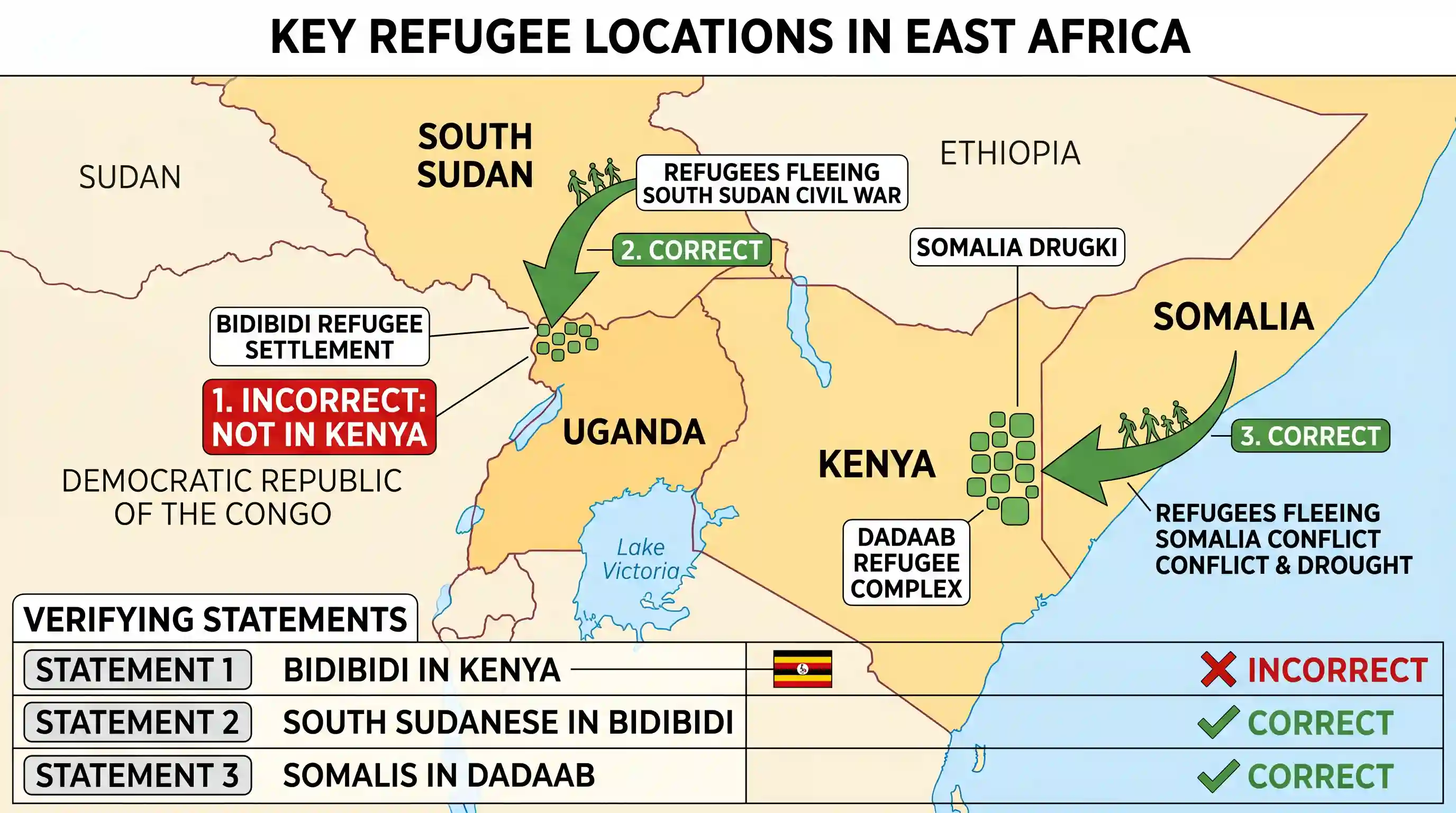 geography: Consider the following statements: 1. Bidibidi is a large refugee settlement in north-western Kenya. 2. Some people who