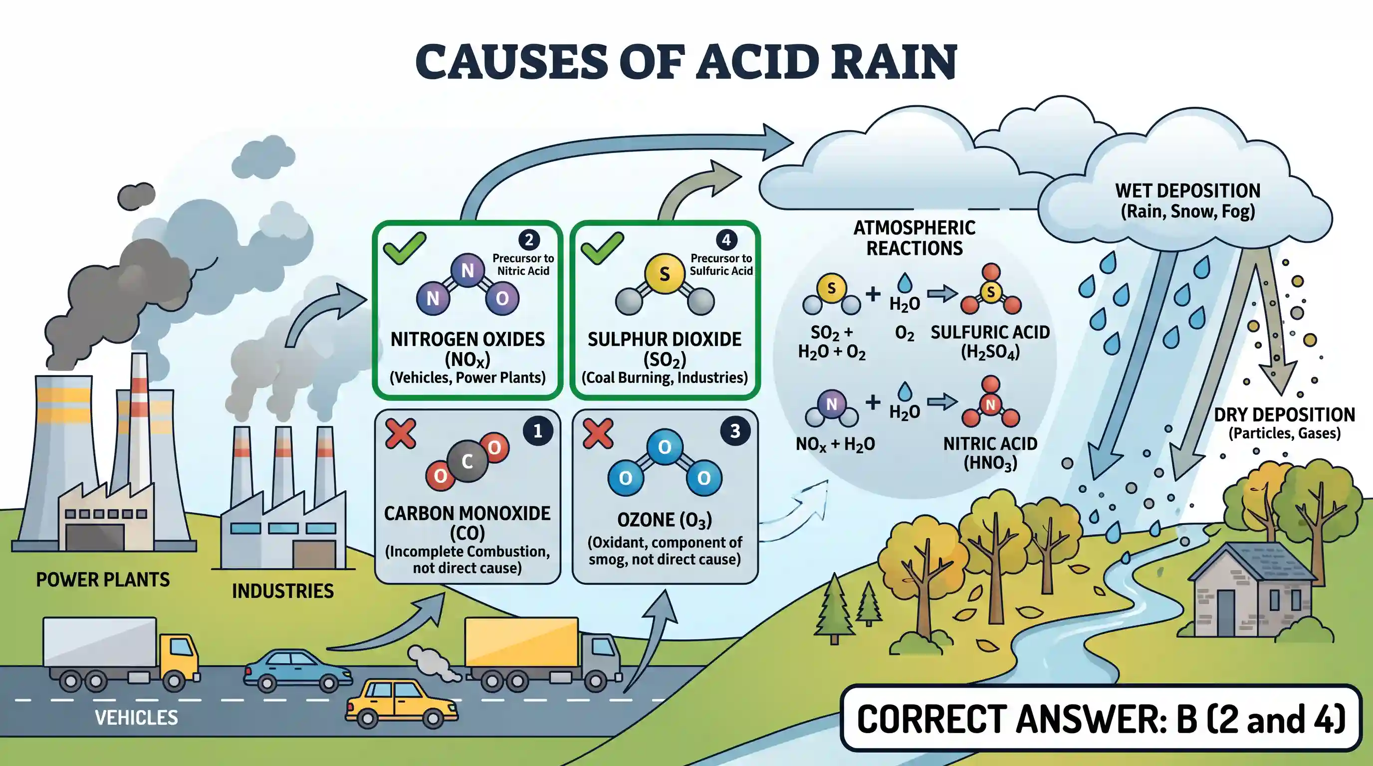 geography: Excess of which of the above in the environment is/are cause(s) of acid rain? 1. Carbon monoxide 2. Nitrogen oxide 3. Oz