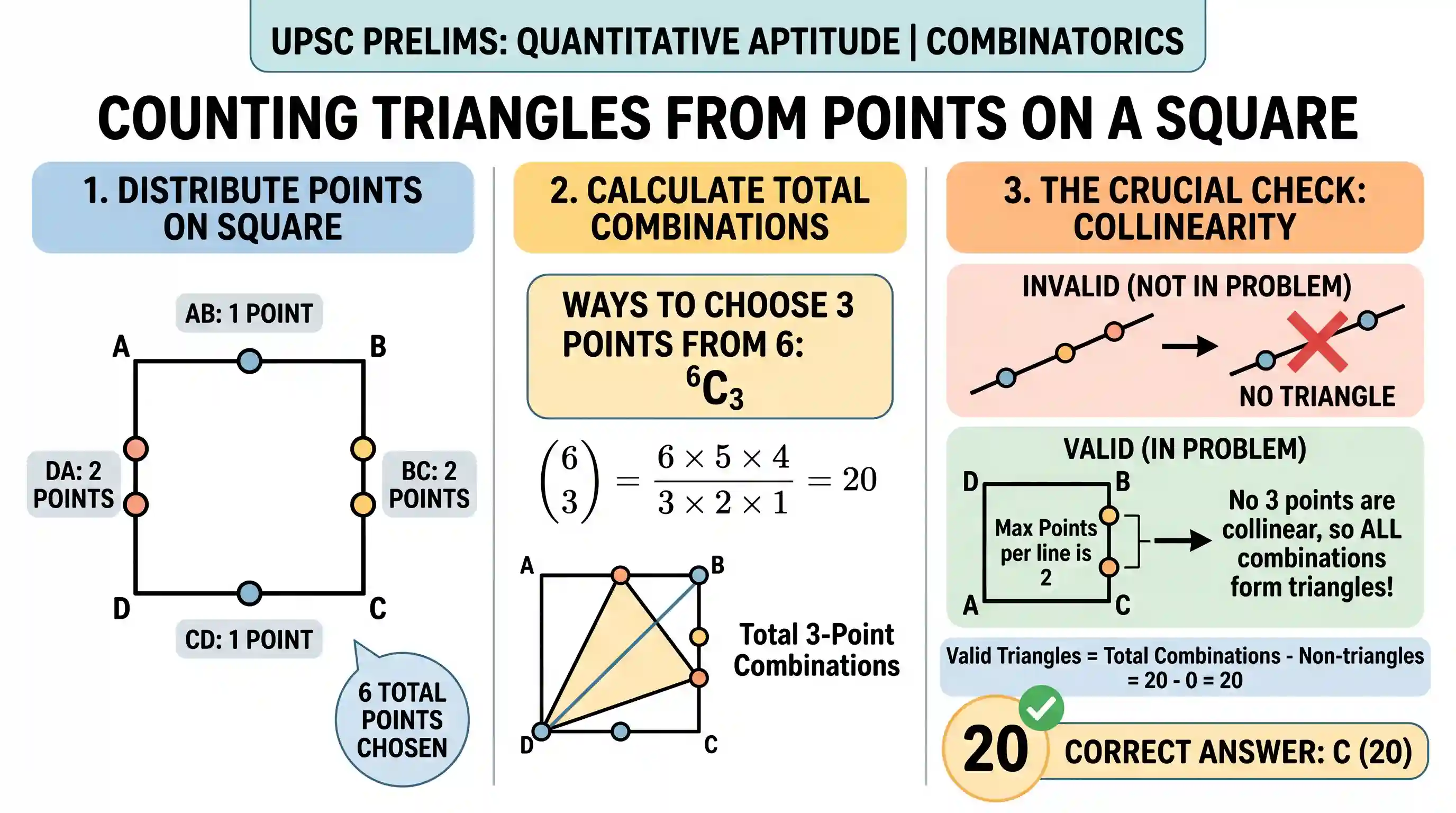 Quantitative Aptitude: ABCD is a square. One point on each of AB and CD; and two distinct points on each of BC and DA are chosen. How many dist