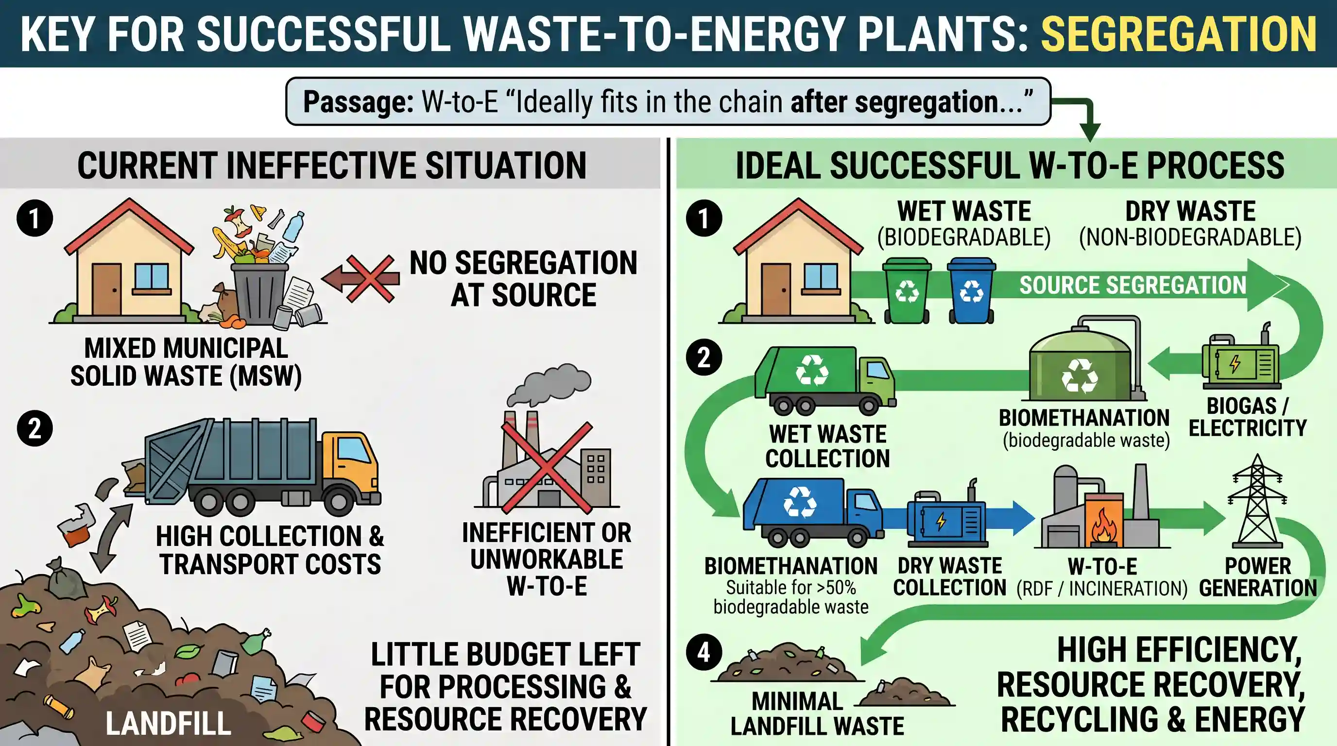 Reading Comprehension: In India, the segregation of municipal waste at source is rare. Recycling is mostly with the informal sector. More than