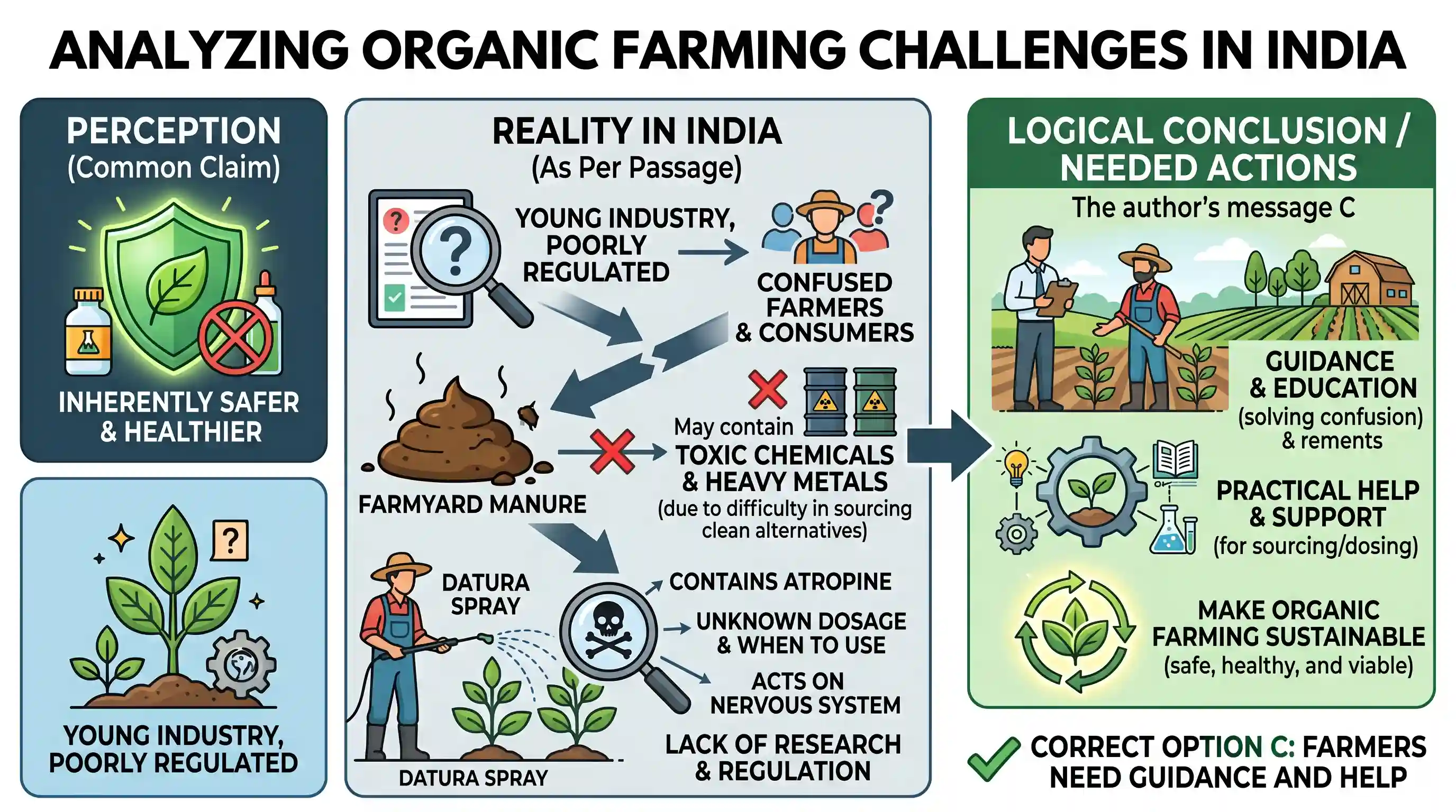 Reading Comprehension: There is a claim that organic farming is inherently safer and healthier. The reality is that because the organic farming