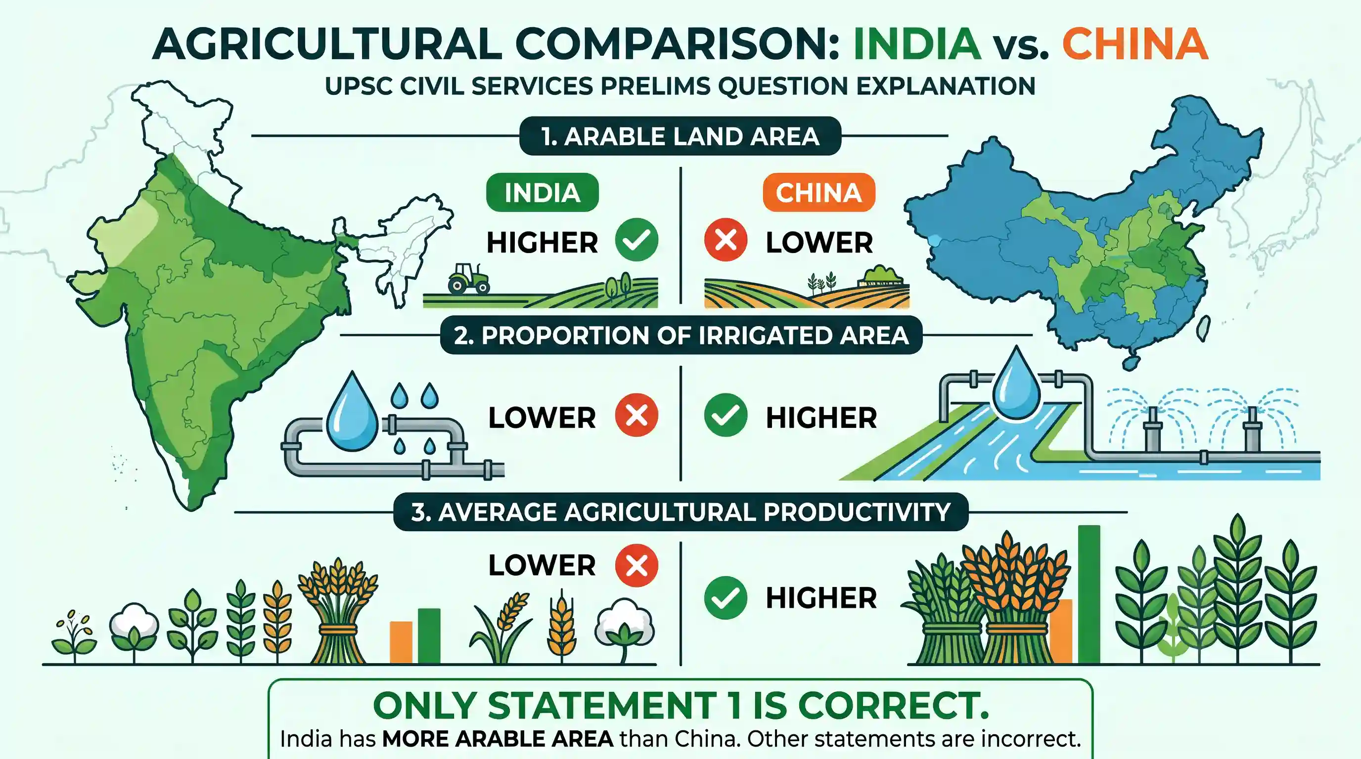 geography: Consider the following statements: 1. India has more arable area than China. 2. The proportion of irrigated area is more