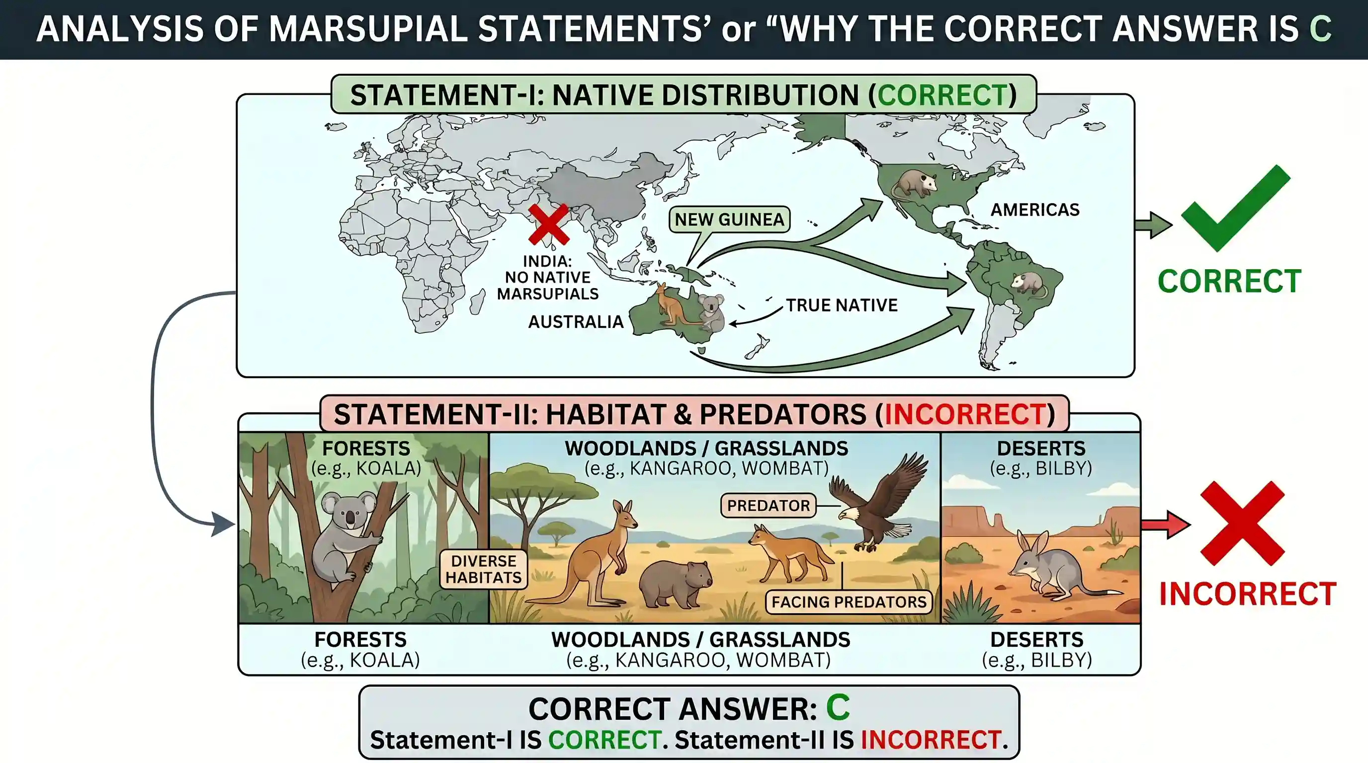 geography: Consider the following statements: Statement-I: Marsupials are not naturally found in India. Statement-II: Marsupials ca