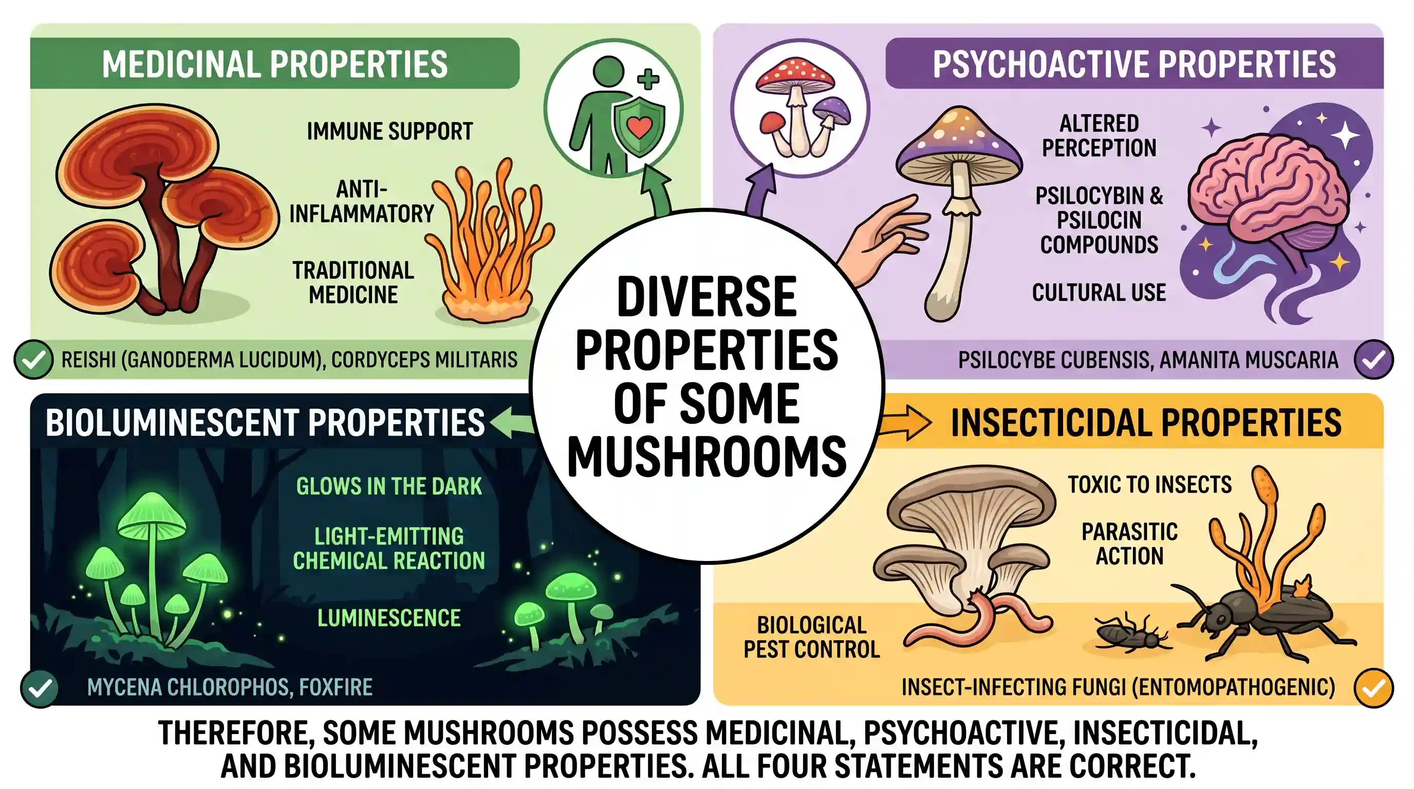science-and-technology: Consider the following statements: 1. Some mushrooms have medicinal properties. 2. Some mushrooms have psycho-active pro