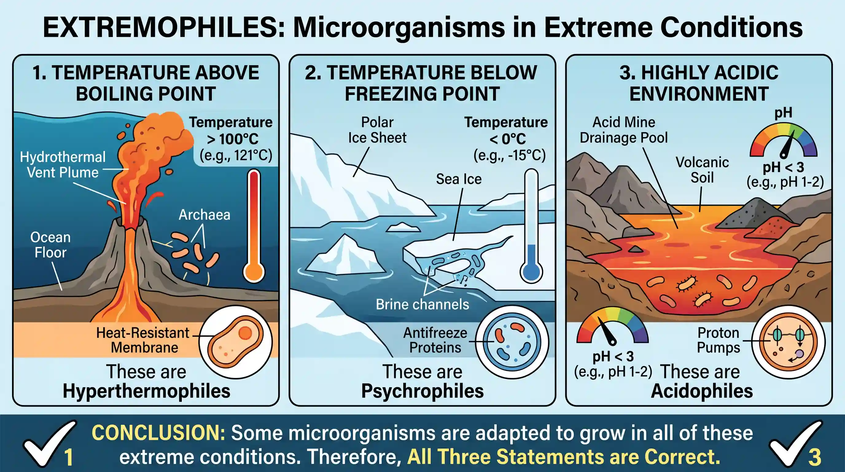science-and-technology: Consider the following statements: 1. Some microorganisms can grow in environments with temperature above the boiling po