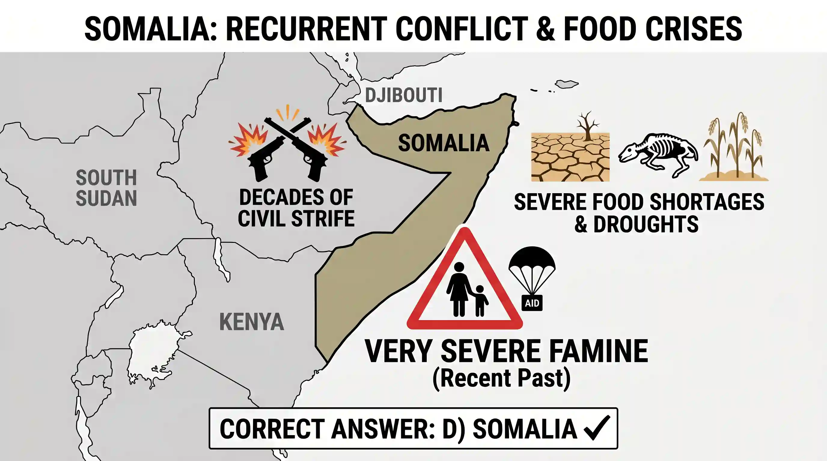 geography: Which one of the following countries has been suffering from decades of civil strife and food shortages and was in news