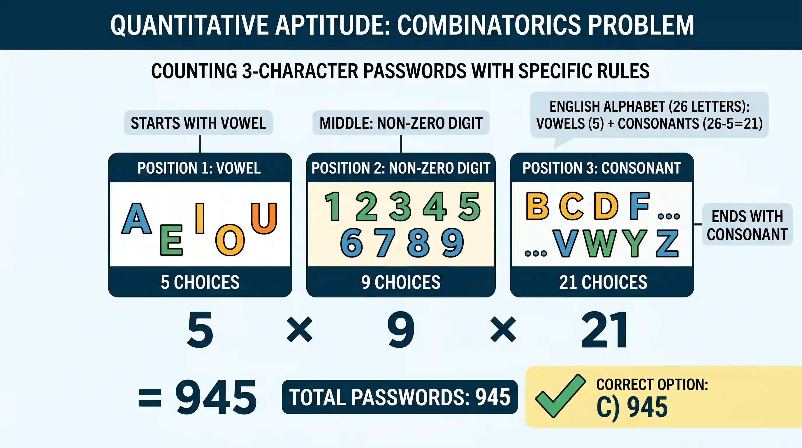 Quantitative Aptitude: One non-zero digit, one vowel and one consonant from English alphabet (in capital) are to be used in forming passwords,