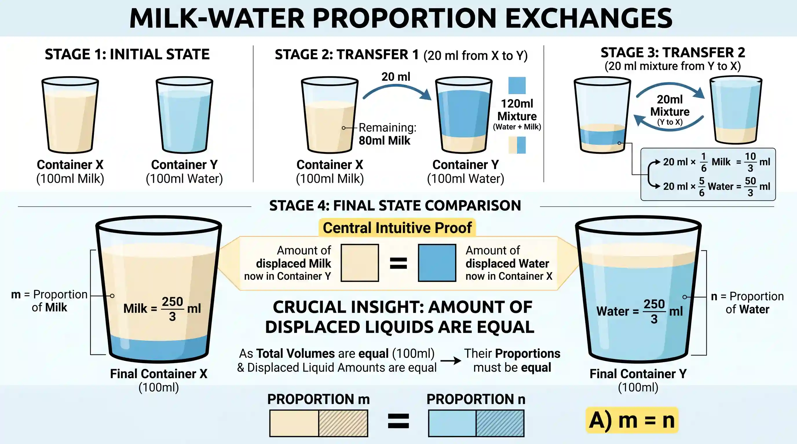 Quantitative Aptitude: There are two containers X and Y. X contains 100 ml of milk and Y contains 100 ml of water. 20 ml of milk from X is tran