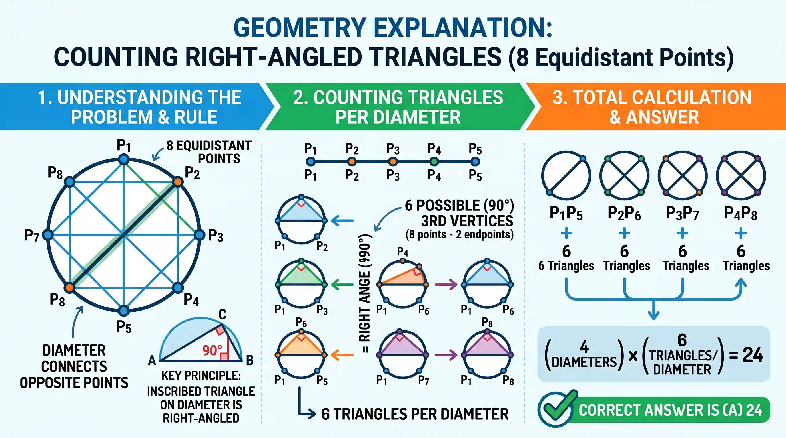 Quantitative Aptitude: There are eight equidistant points on a circle. How many right-angled triangles can be drawn using these points as verti