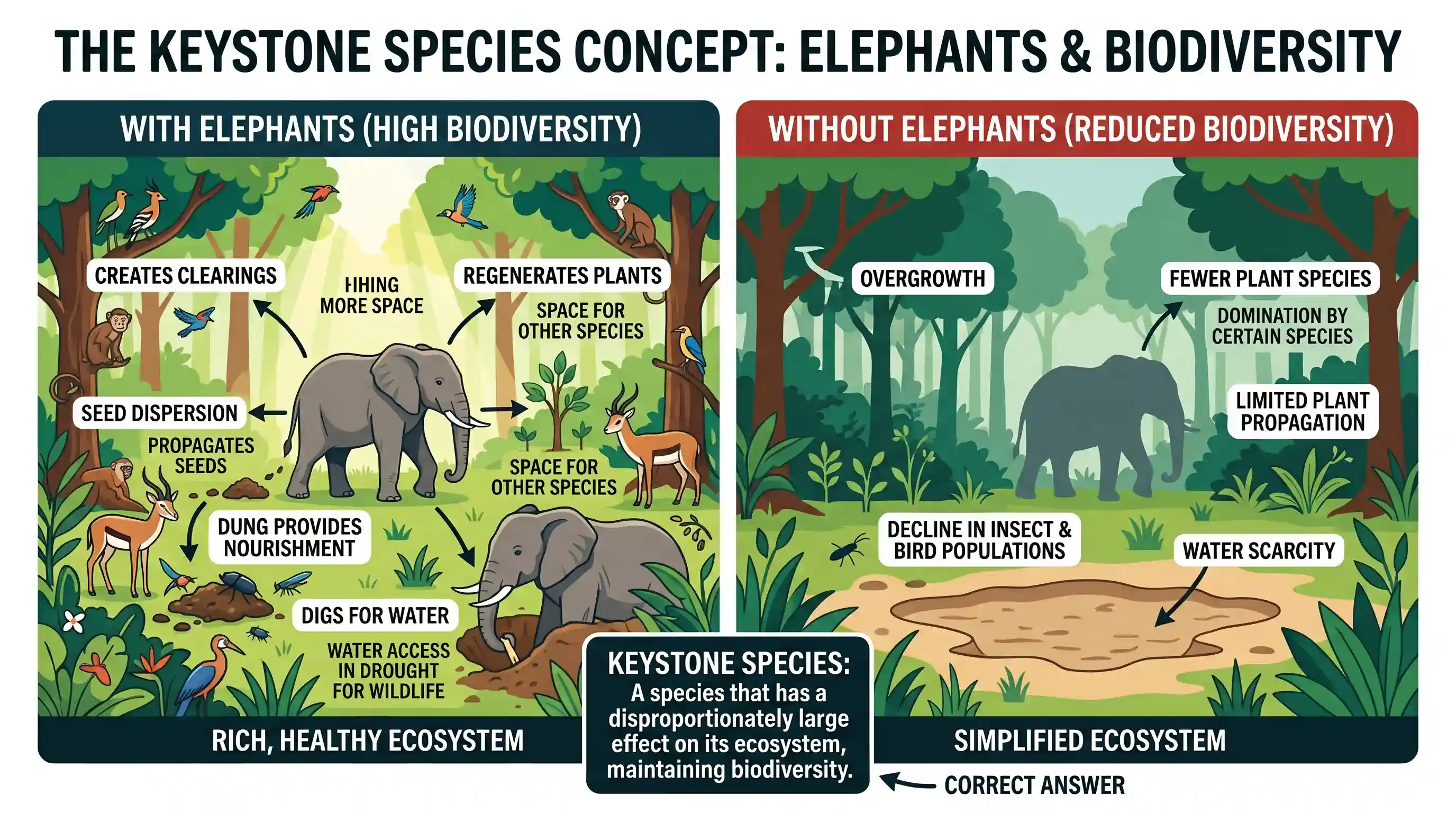 Reading Comprehension: Elephants are landscape architects, creating clearings in the forest, preventing overgrowth of certain plant species and
