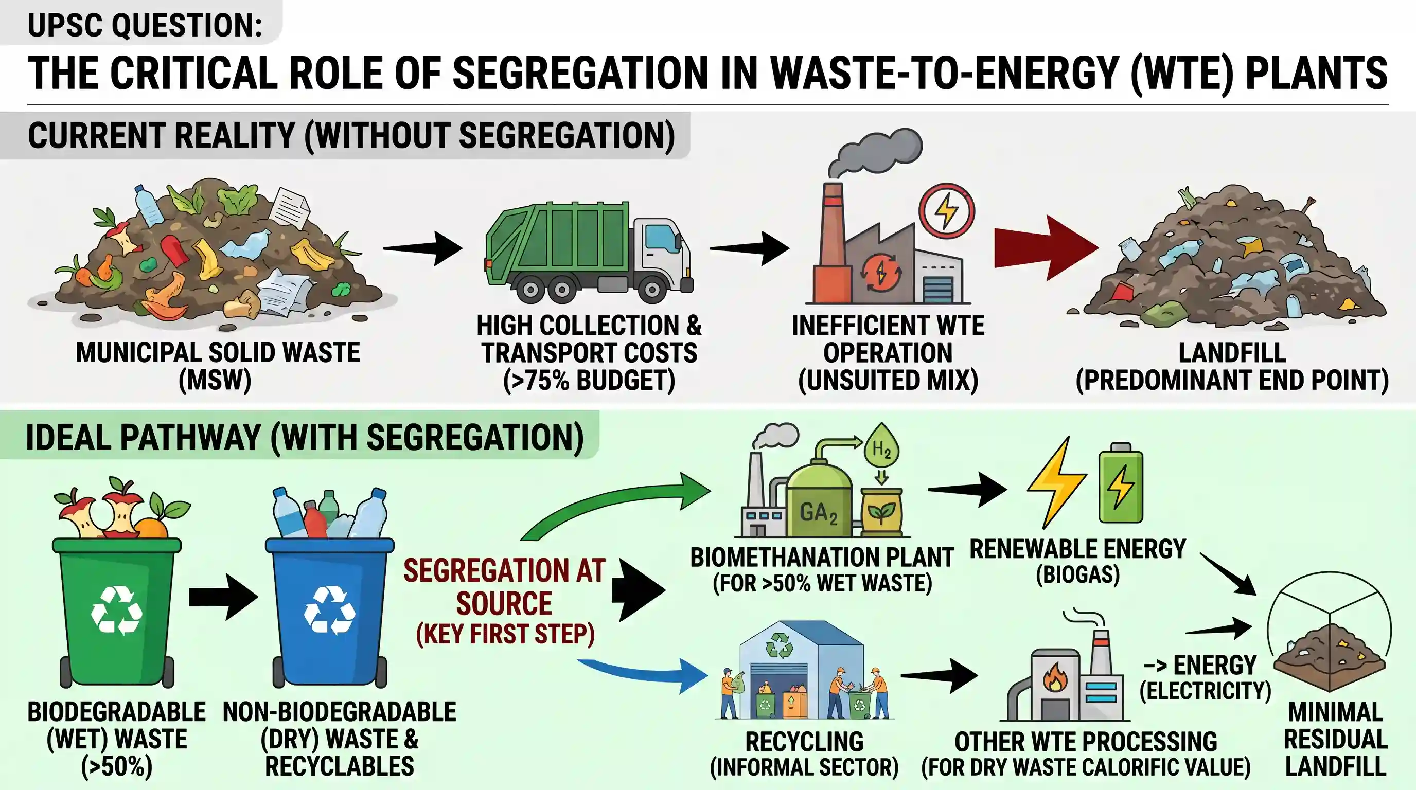 Reading Comprehension: In India, the segregation of municipal waste at source is rare. Recycling is mostly with the informal sector. More than