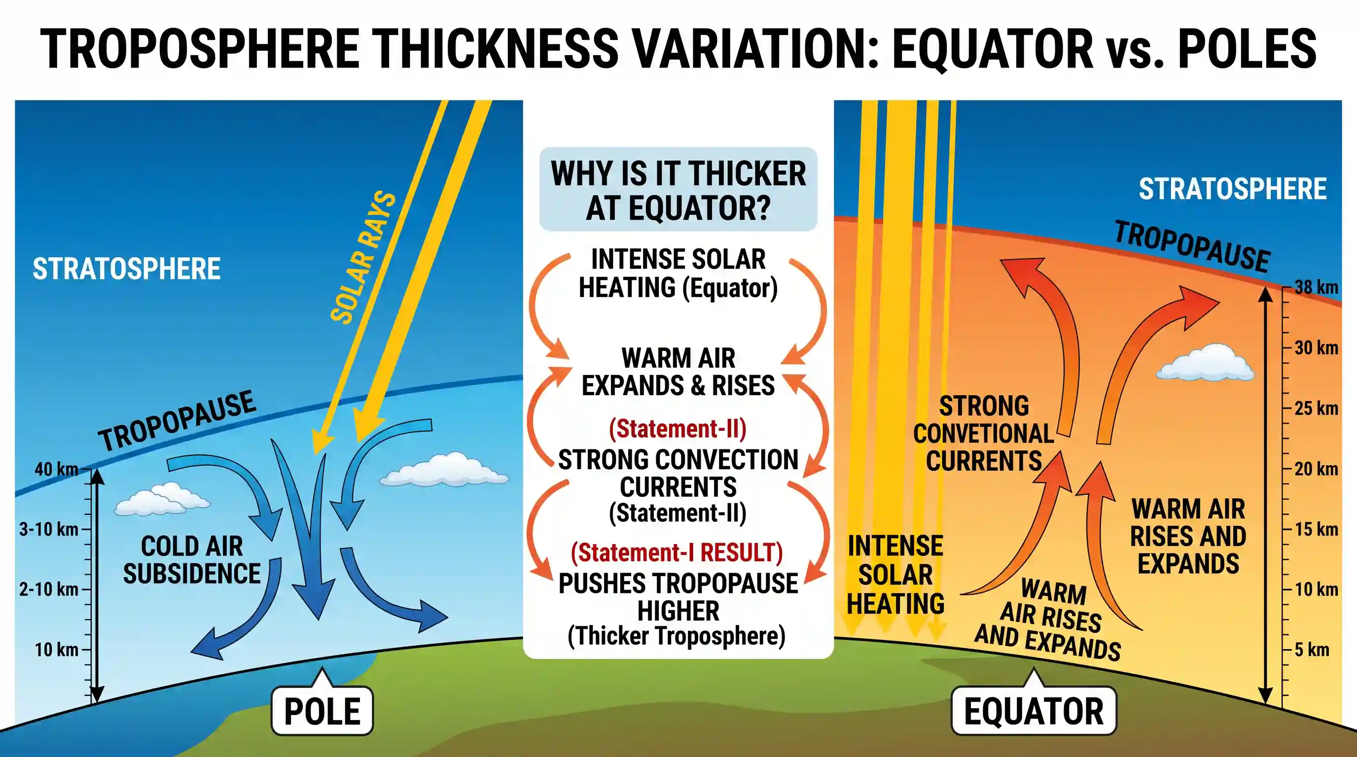 geography: Consider the following statements : Statement-I : Thickness of the troposphere at the equator is much greater as compare