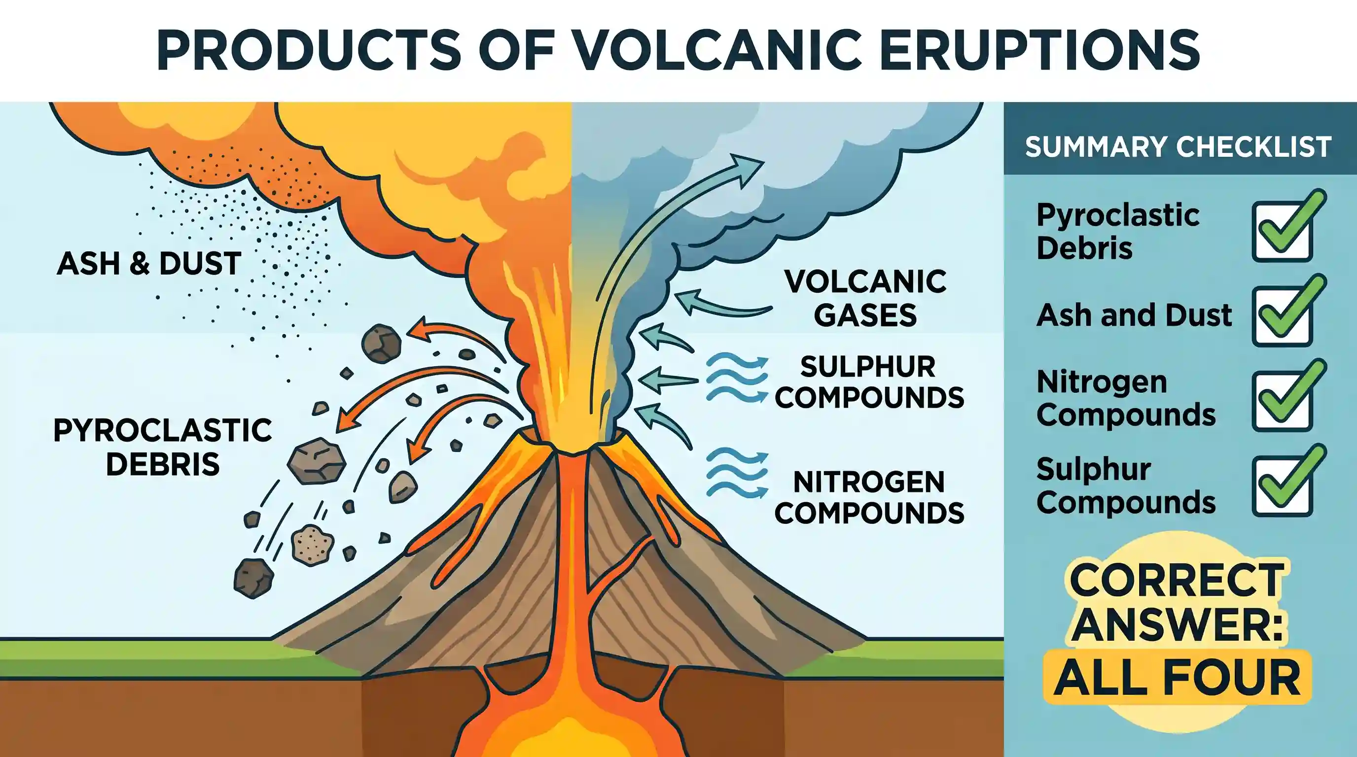 geography: Consider the following: 1. Pyroclastic debris 2. Ash and dust 3. Nitrogen compounds 4. Sulphur compounds How many of the