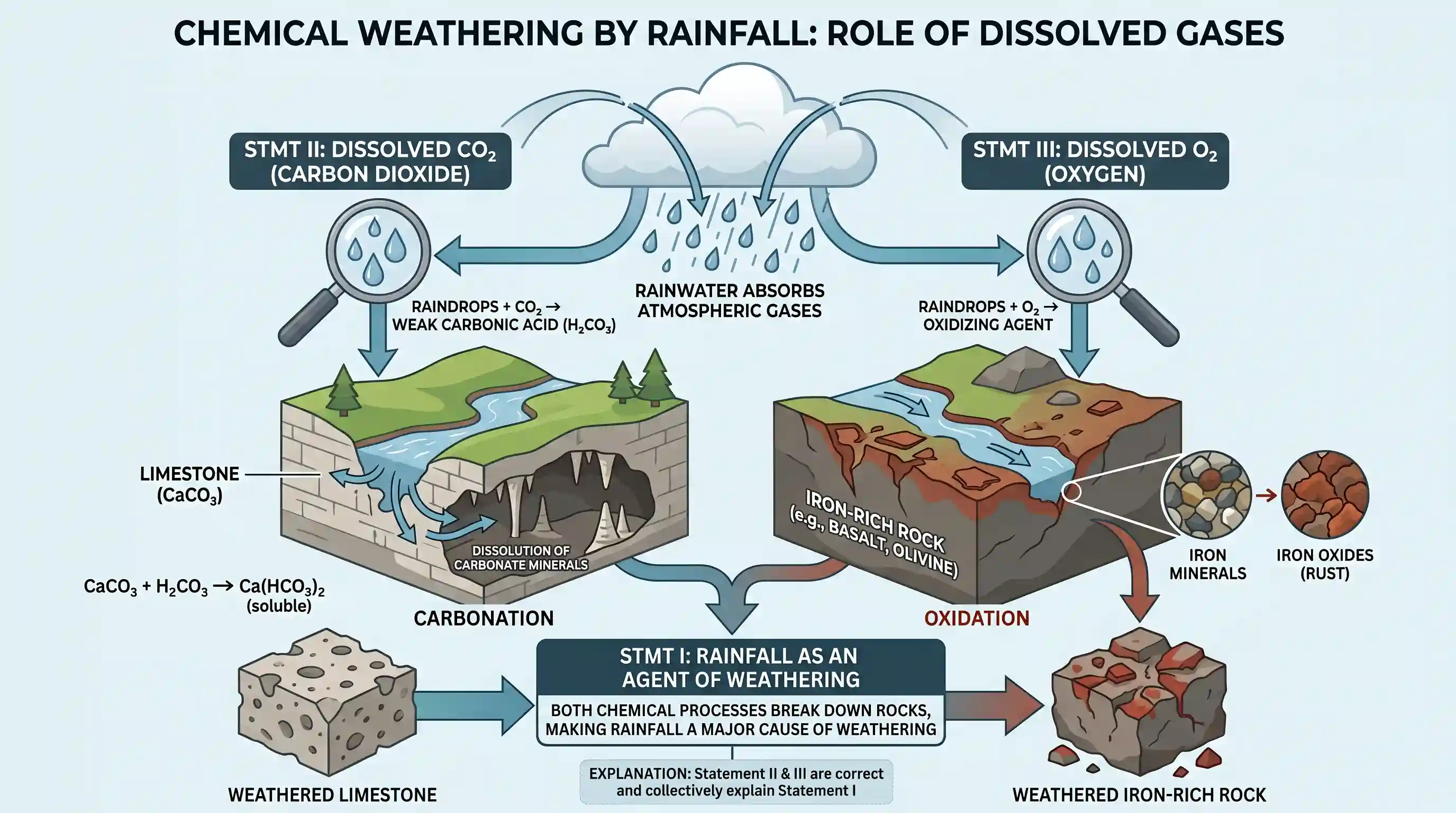 geography: Consider the following statements : Statement-I : Rainfall is one of the reasons for weathering of rocks. Statement-II