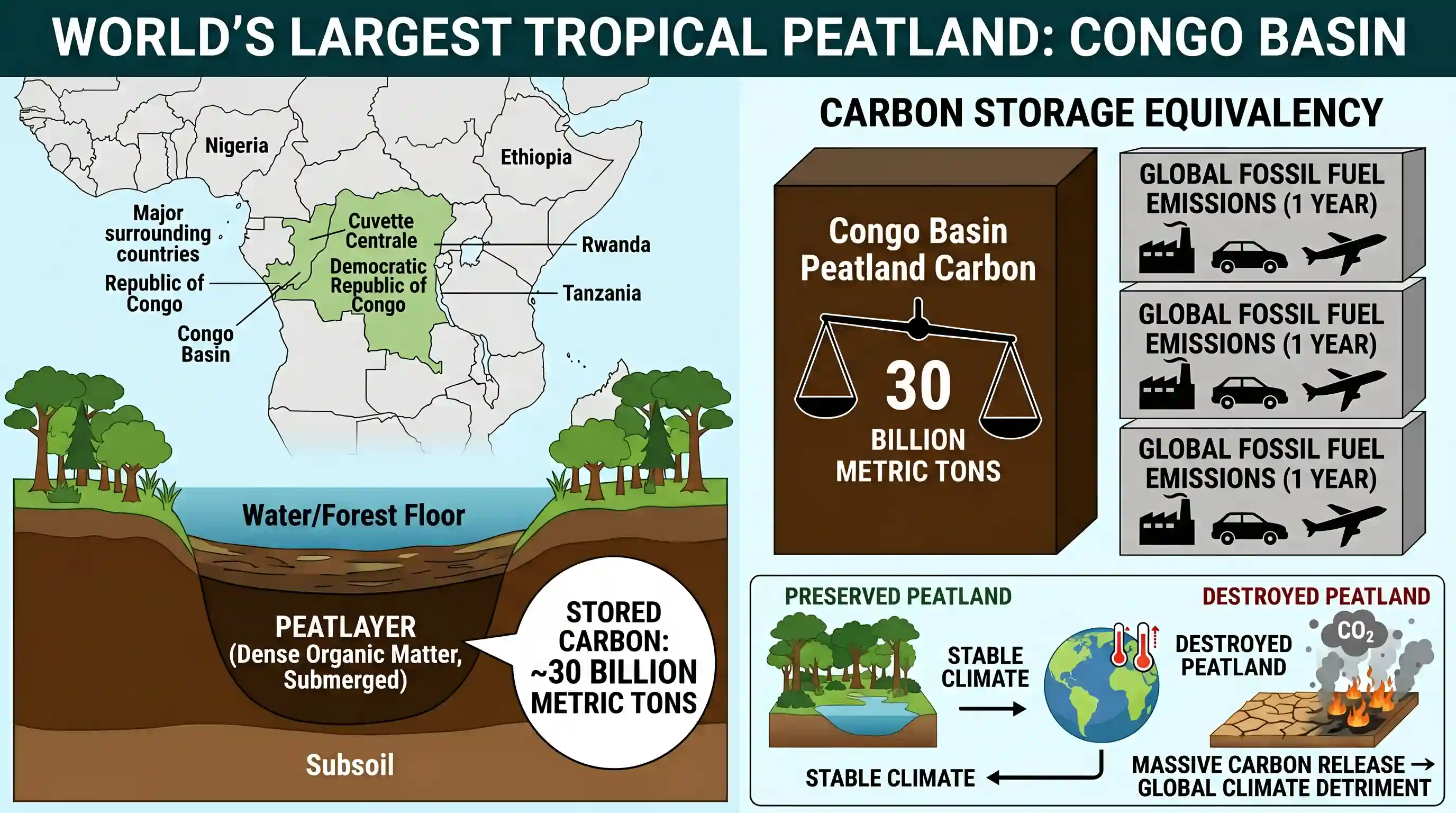 geography: One of the following regions has the world's largest tropical peatland, which holds about three years worth of global ca