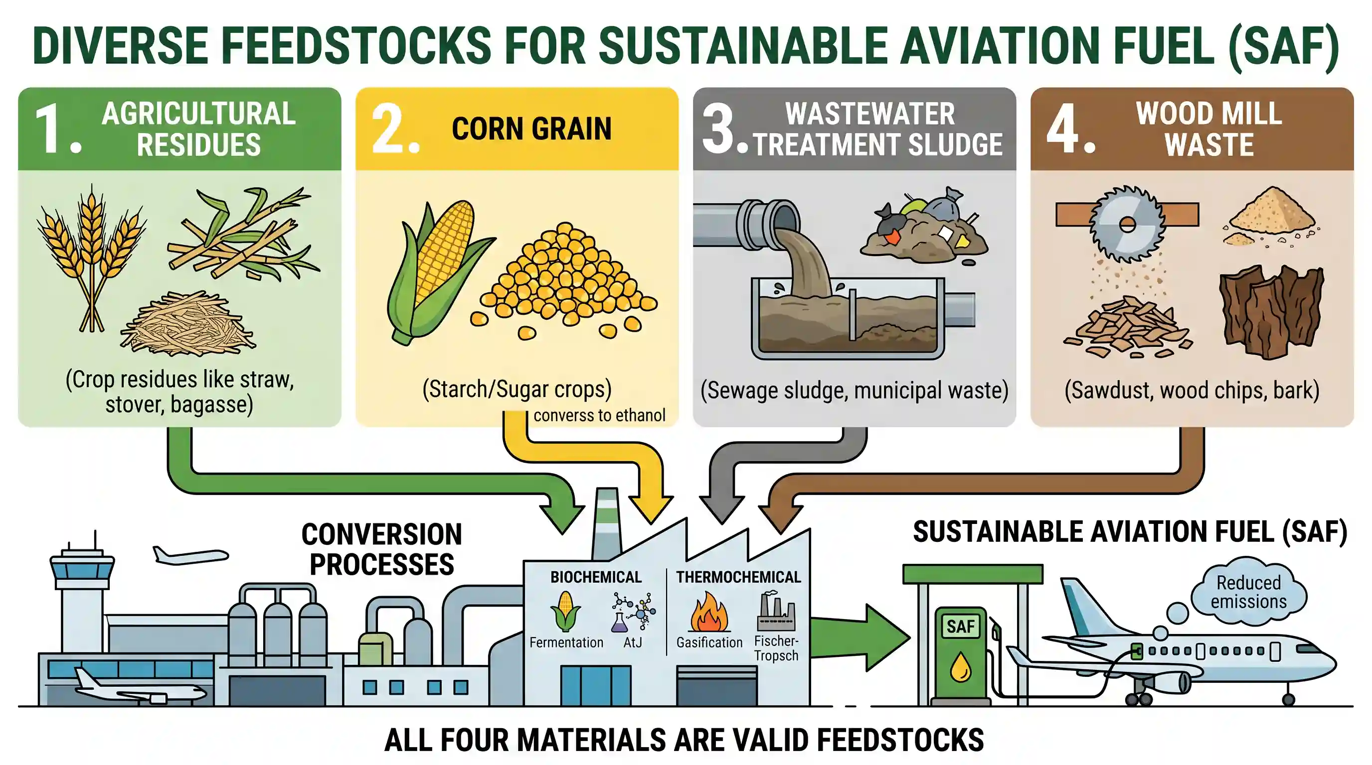 science-and-technology: Consider the following materials: 1. Agricultural residues 2. Corn grain 3. Wastewater treatment sludge 4. Wood mill was