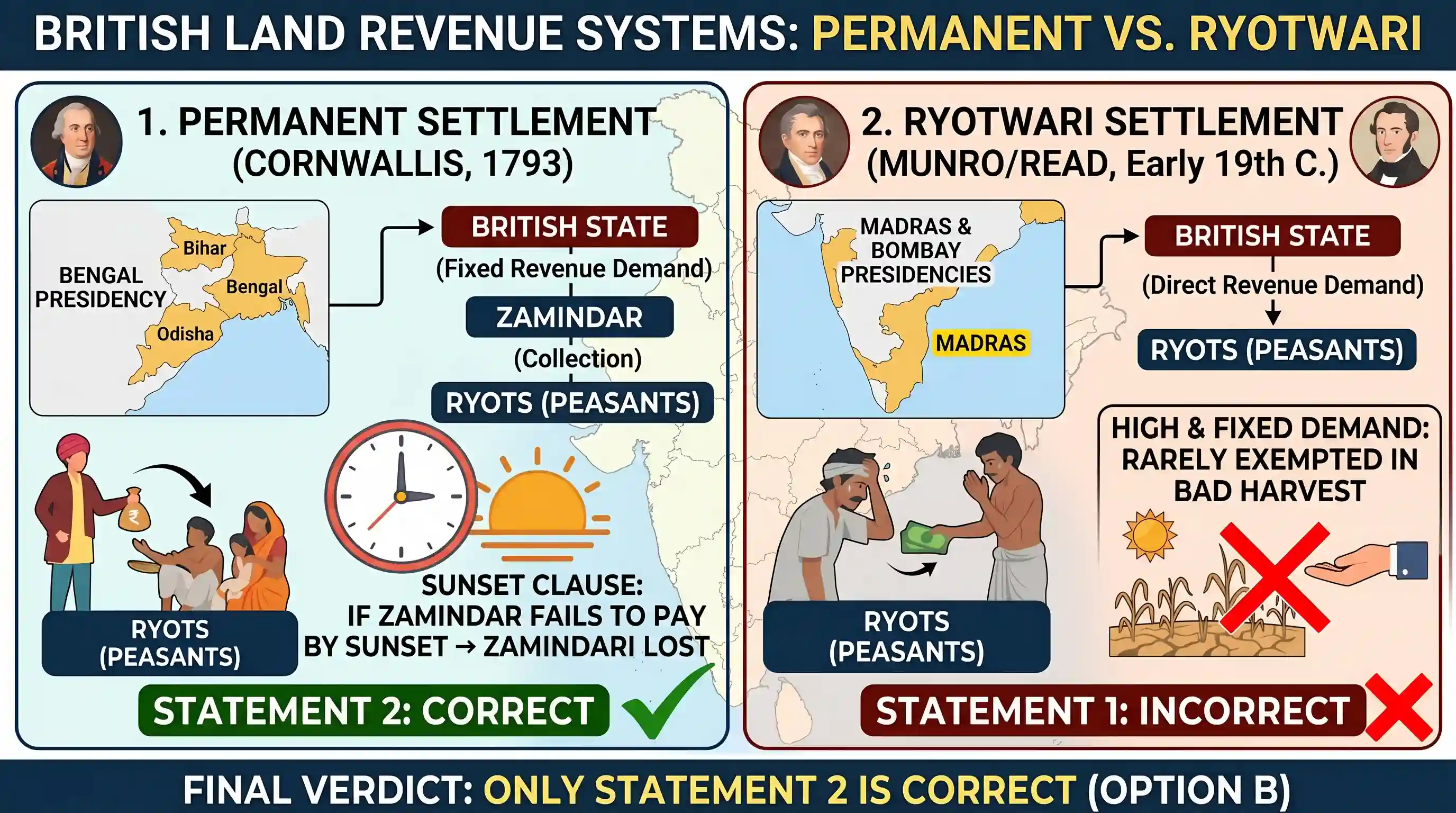 history: With reference to revenue collection by Cornwallis, consider the following statements: 1. Under the Ryotwari Settlement