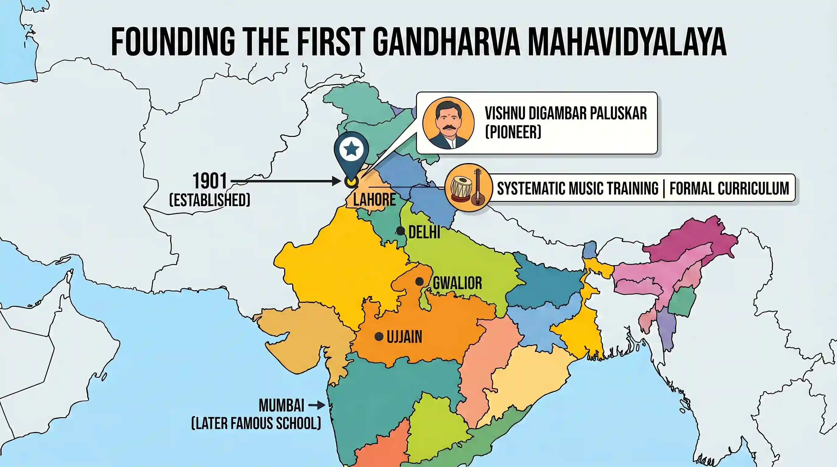 art-and-culture: The first Gandharva Mahavidyalaya, a music training school, was set up in 1901 by Vishnu Digambar Paluskar in