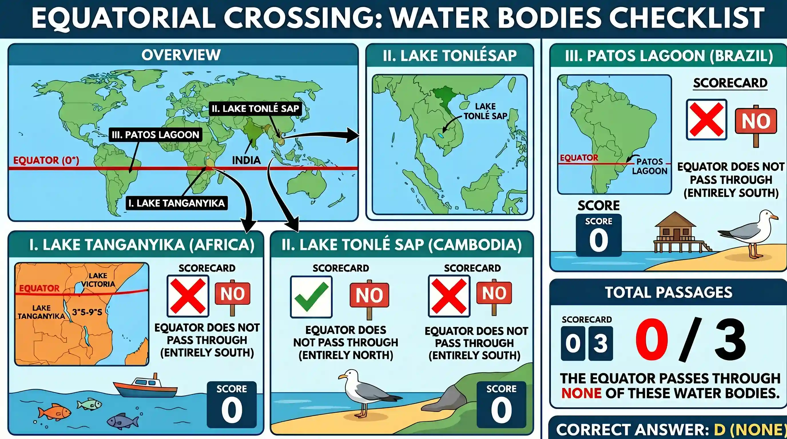 geography: Consider the following water bodies : I. Lake Tanganyika II. Lake Tonlé Sap III. Patos Lagoon Through how many of them d
