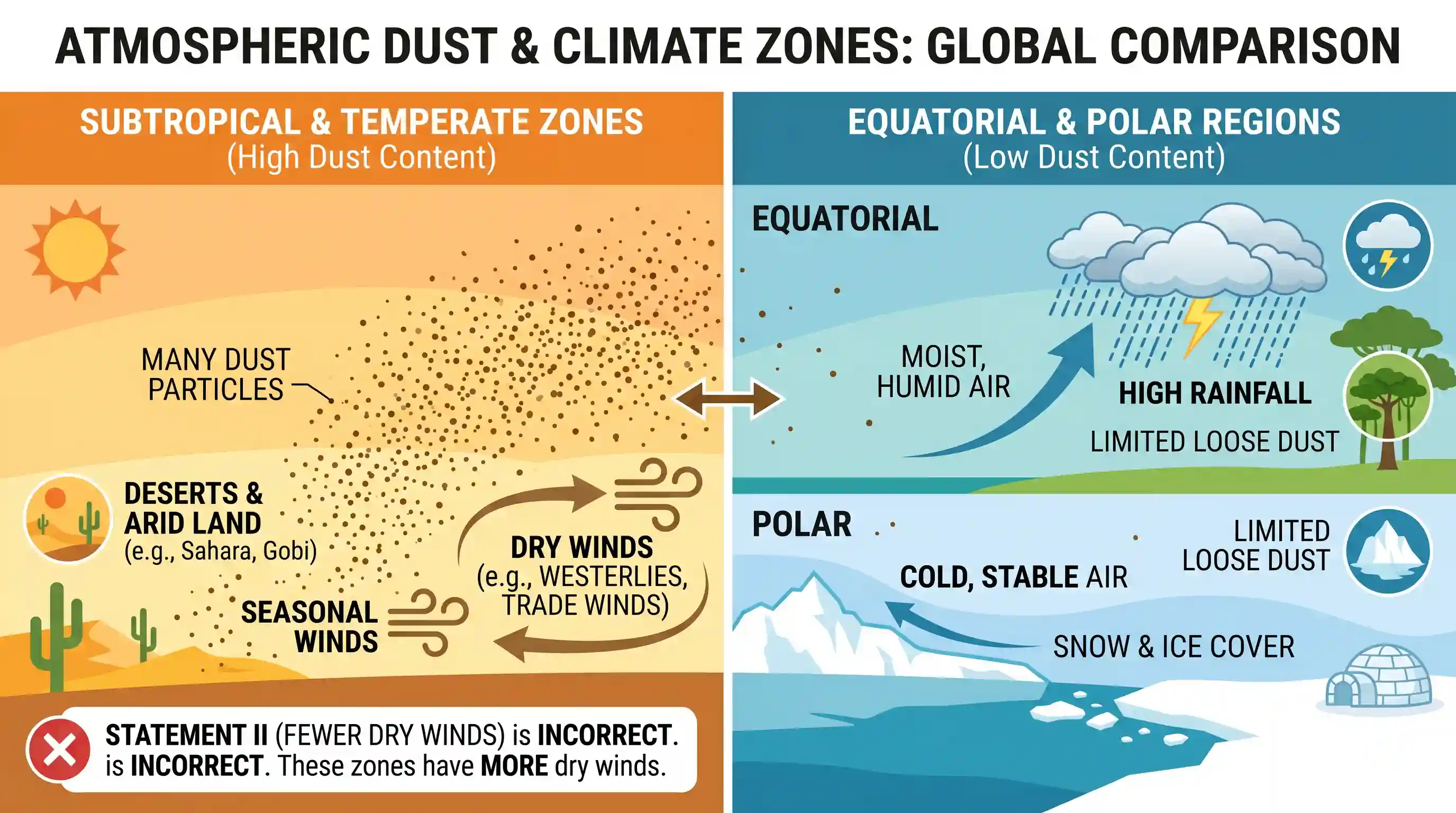 geography: Consider the following statements : Statement I: The amount of dust particles in the atmosphere is more in subtropical a