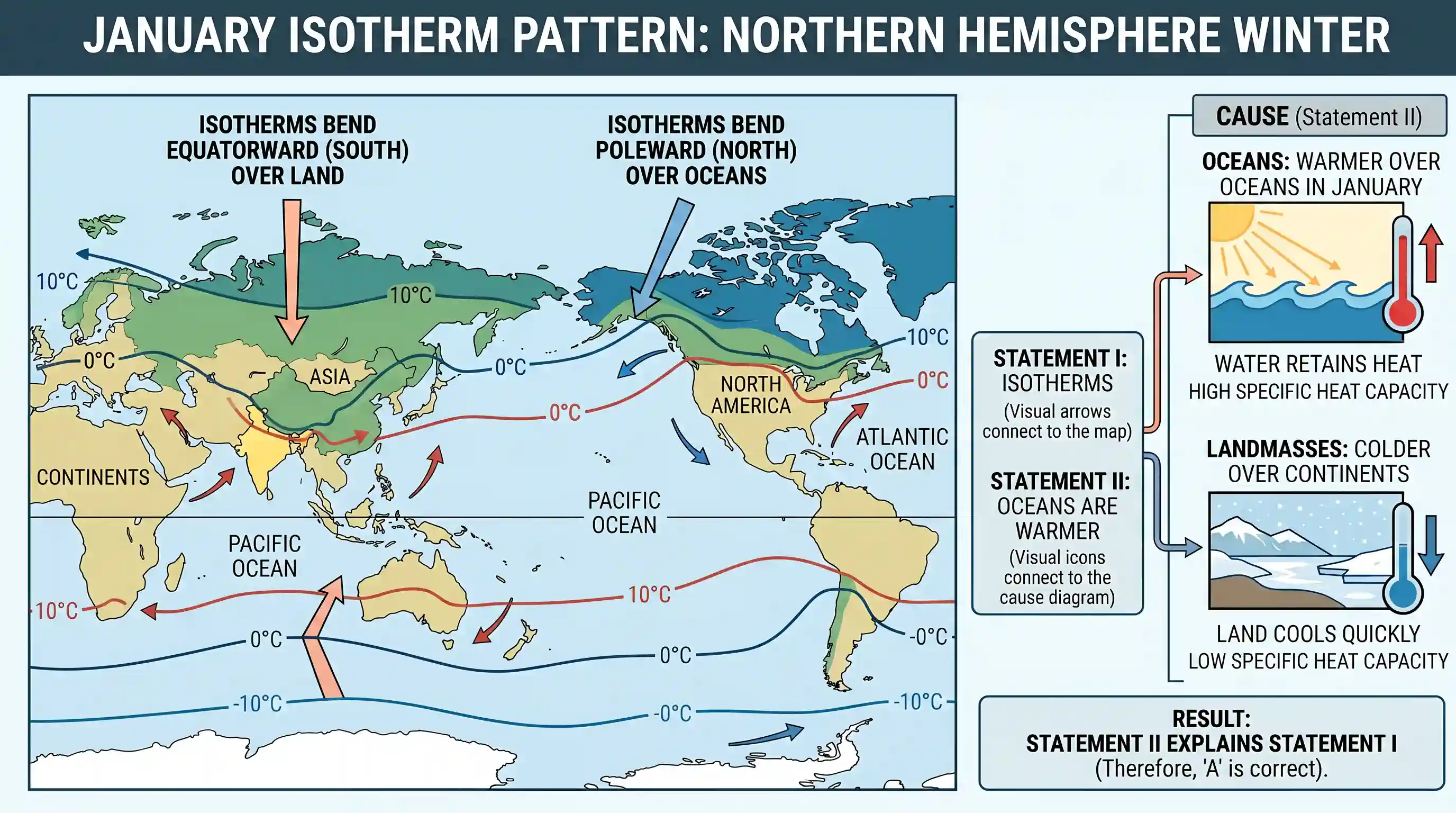 geography: Consider the following statements : Statement I: In January, in the Northern Hemisphere, the isotherms bend equatorward