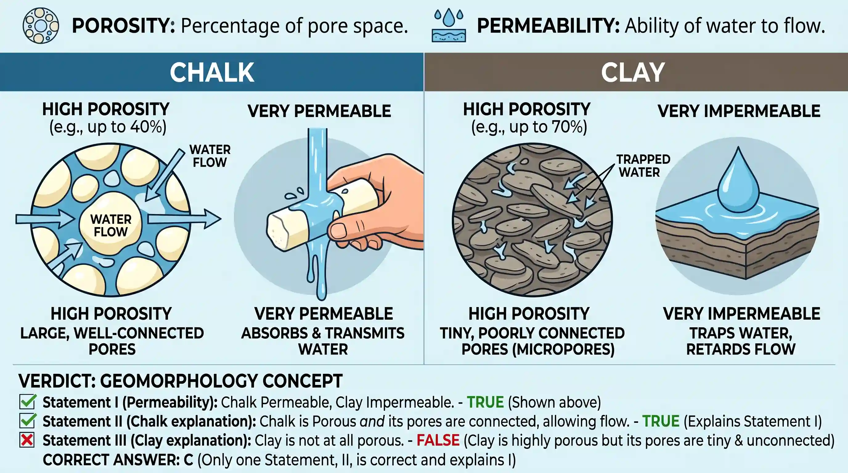 geography: Consider the following statements : Statement I: In the context of effect of water on rocks, chalk is known as a very pe