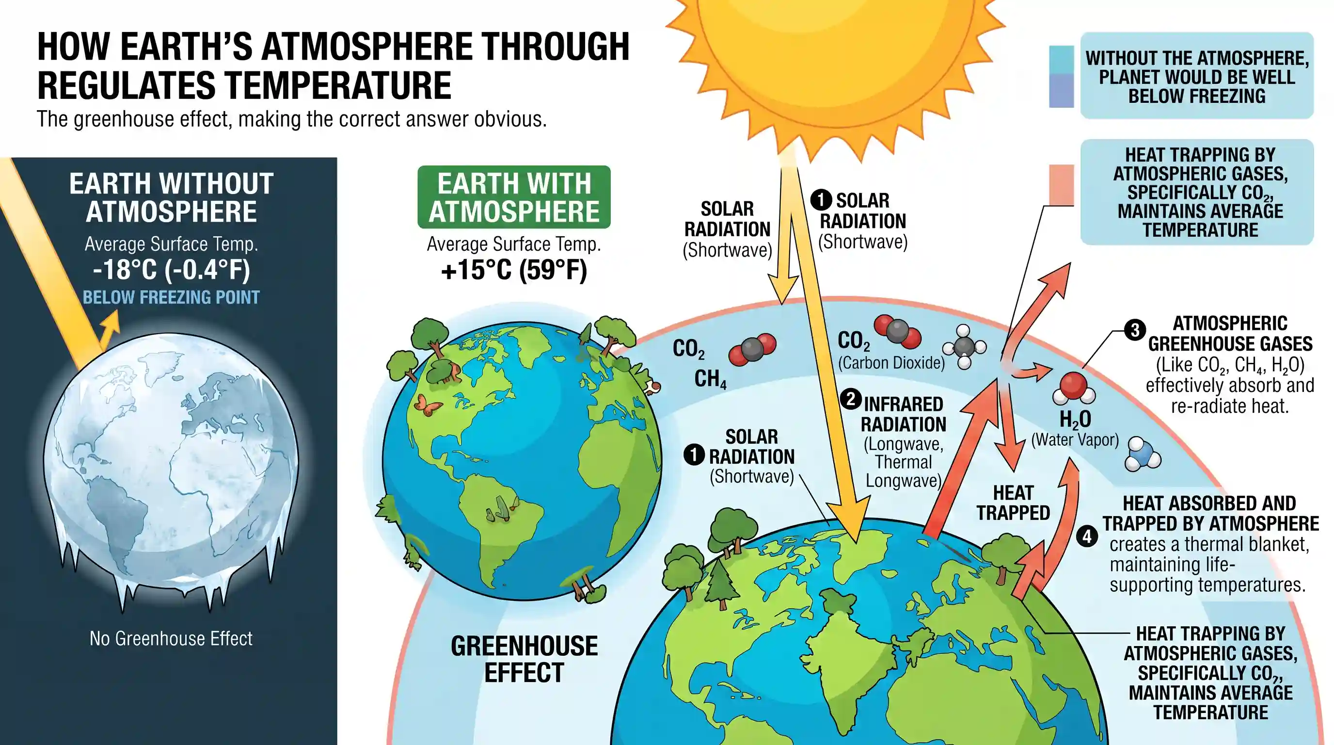 geography: Consider the following statements : I. Without the atmosphere, temperature would be well below freezing point everywhere