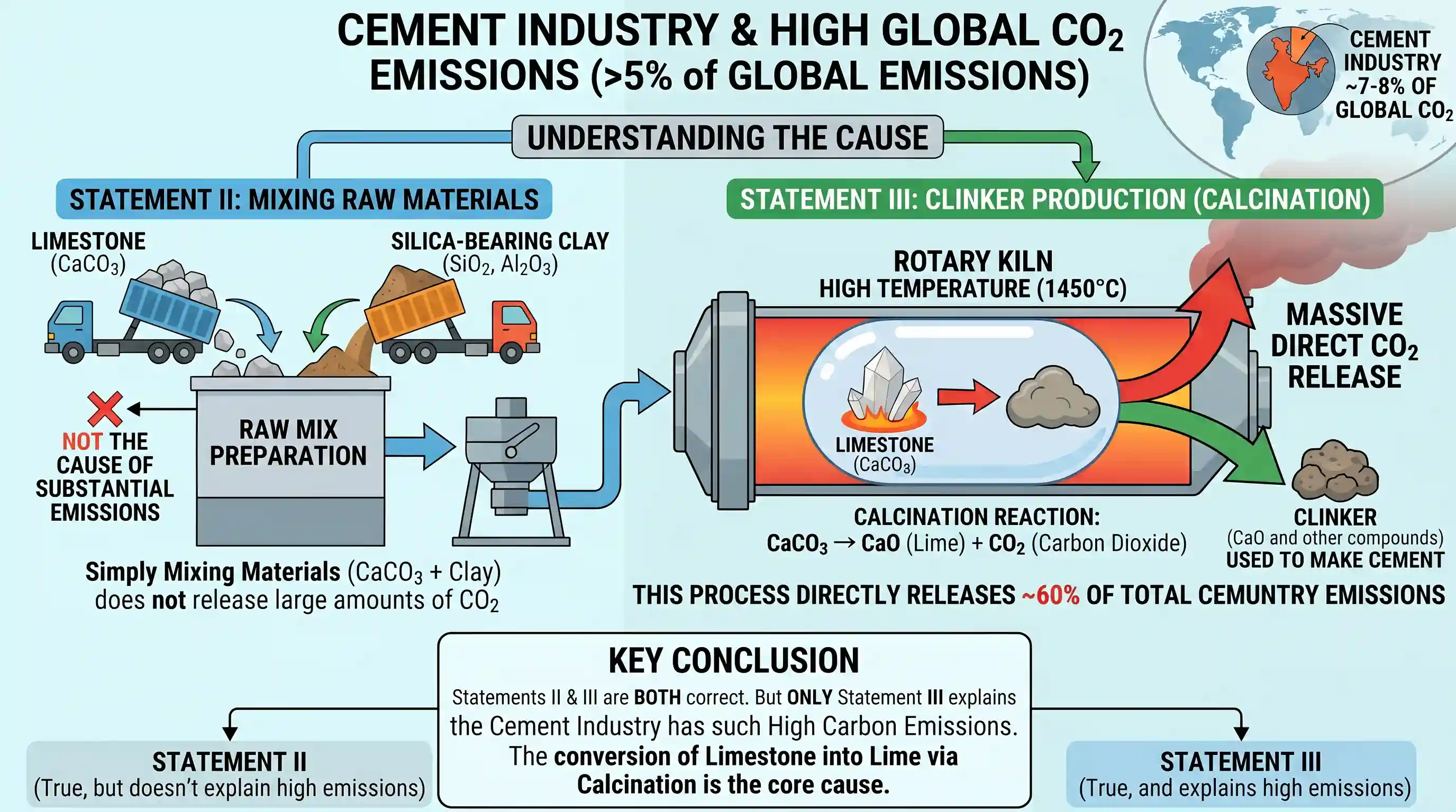 geography: Consider the following statements : Statement I: Studies indicate that carbon dioxide emissions from cement industry acc