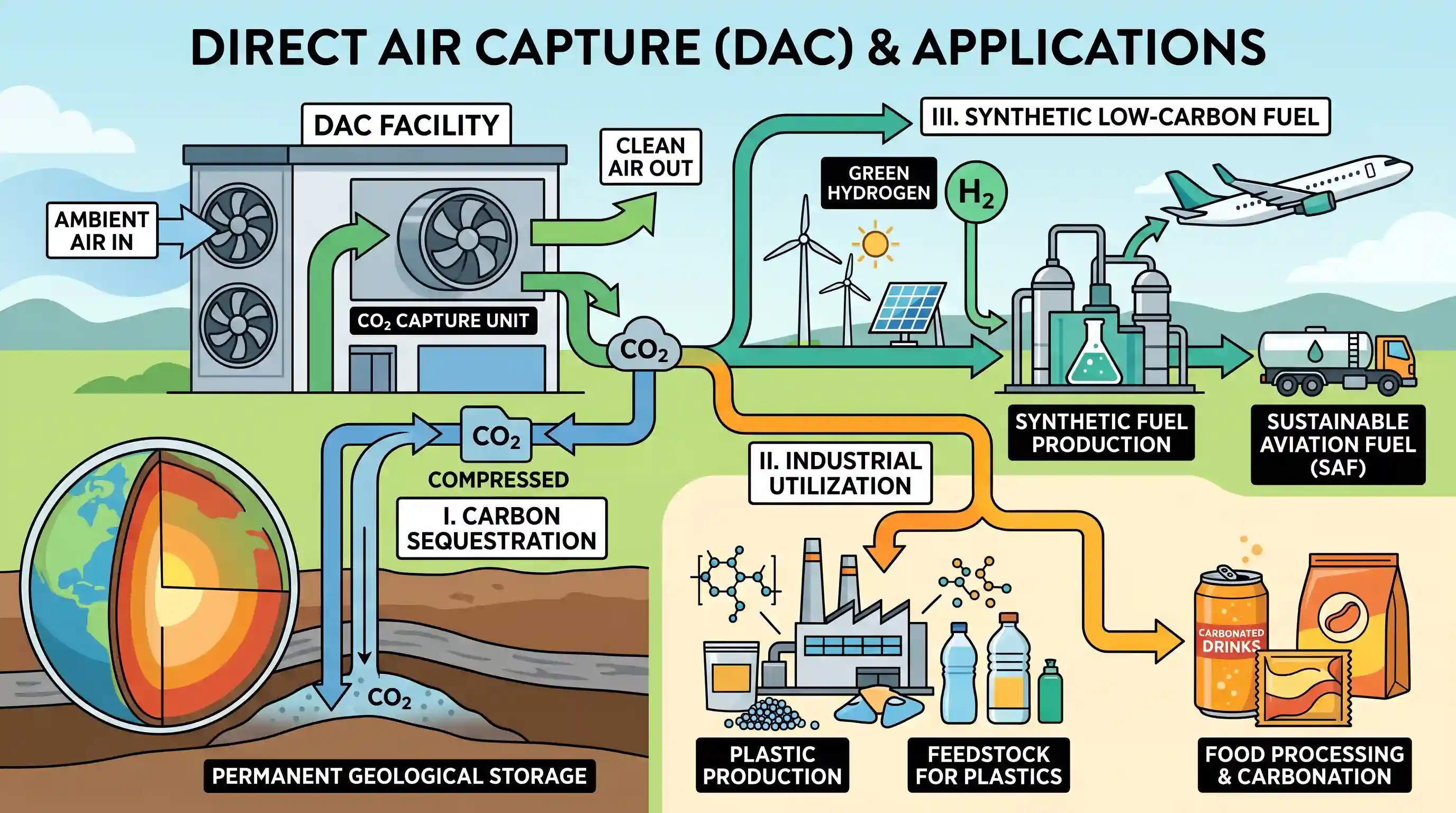 science-and-technology: With reference to 'Direct Air Capture', an emerging technology, which of the following statements is/are correct? I. It