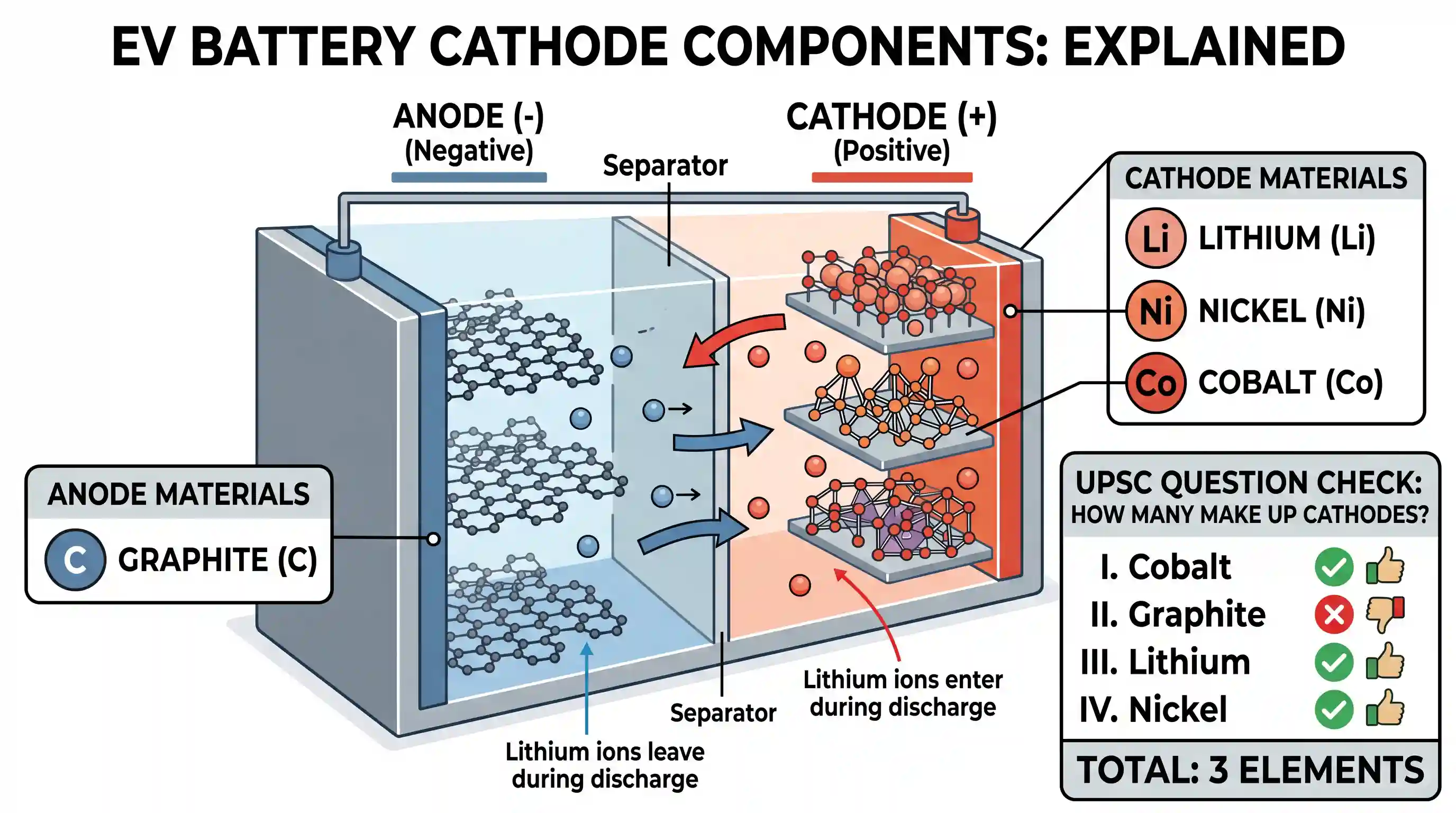 science-and-technology: In the context of electric vehicle batteries, consider the following elements : I. Cobalt II. Graphite III. Lithium IV.