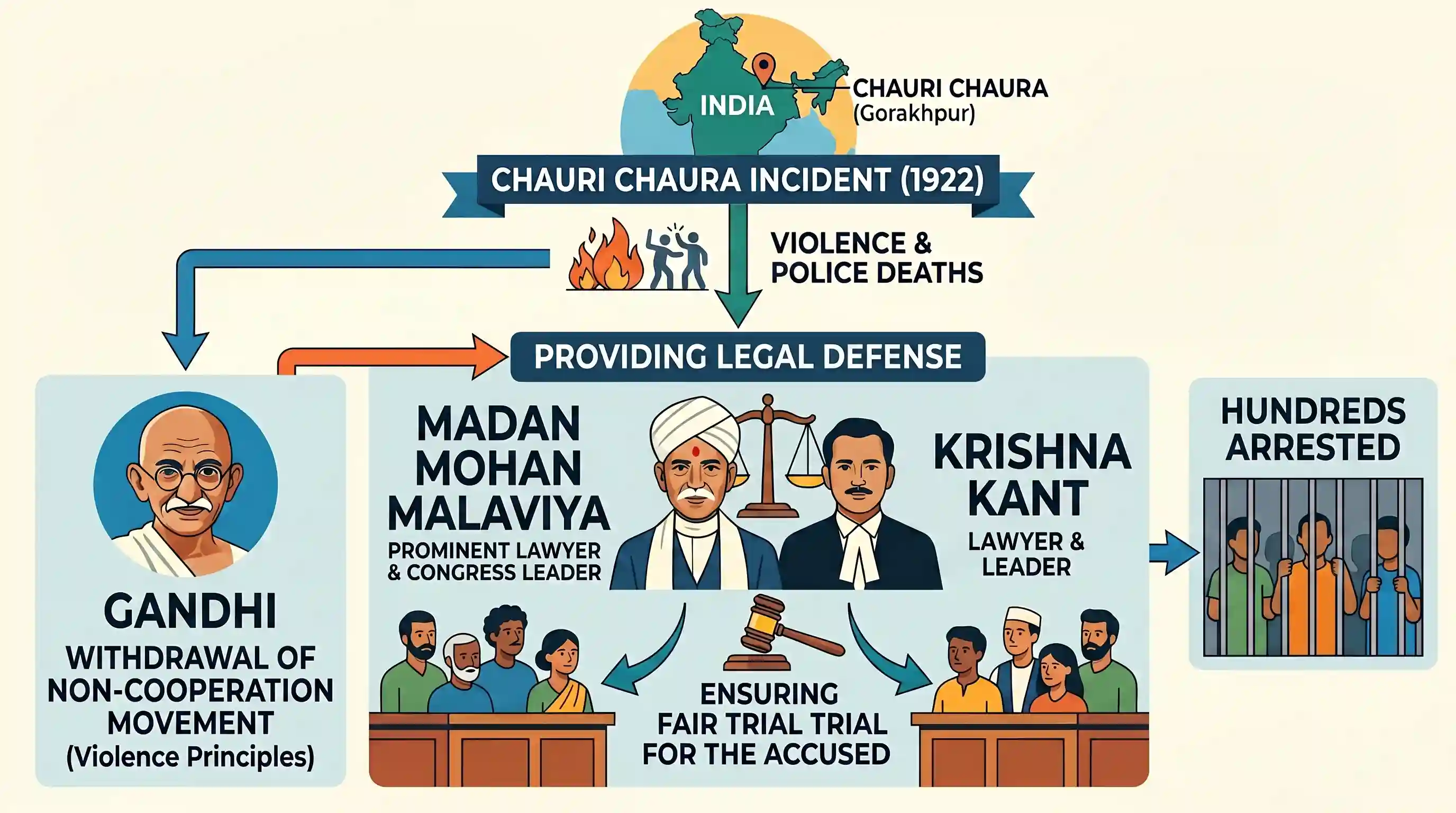 history: Who provided legal defence to the people arrested in the aftermath of Chauri Chaura incident?