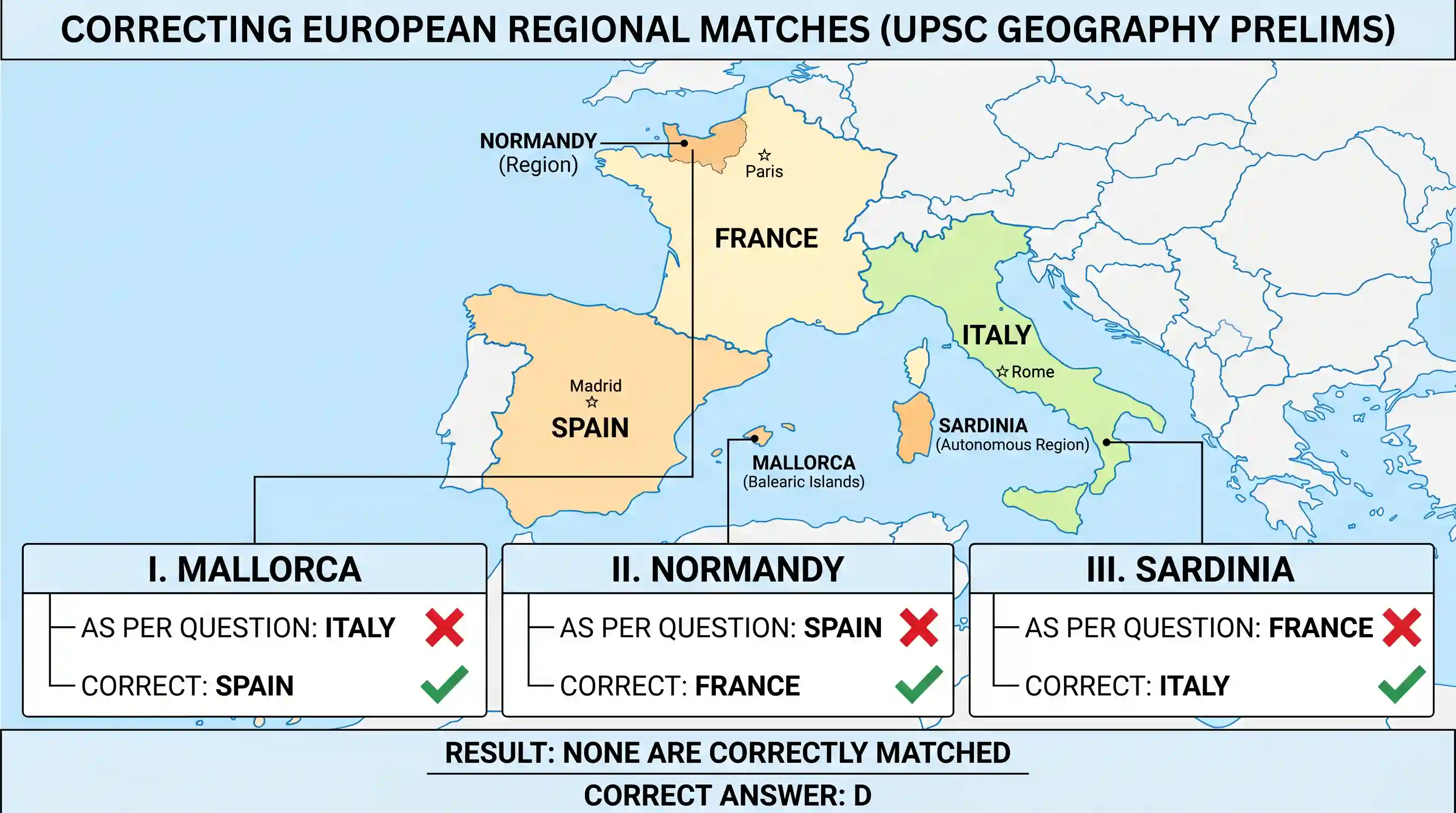 geography: Consider the following pairs : Region Country I. Mallorca : Italy II. Normandy : Spain III. Sardinia : France In how man